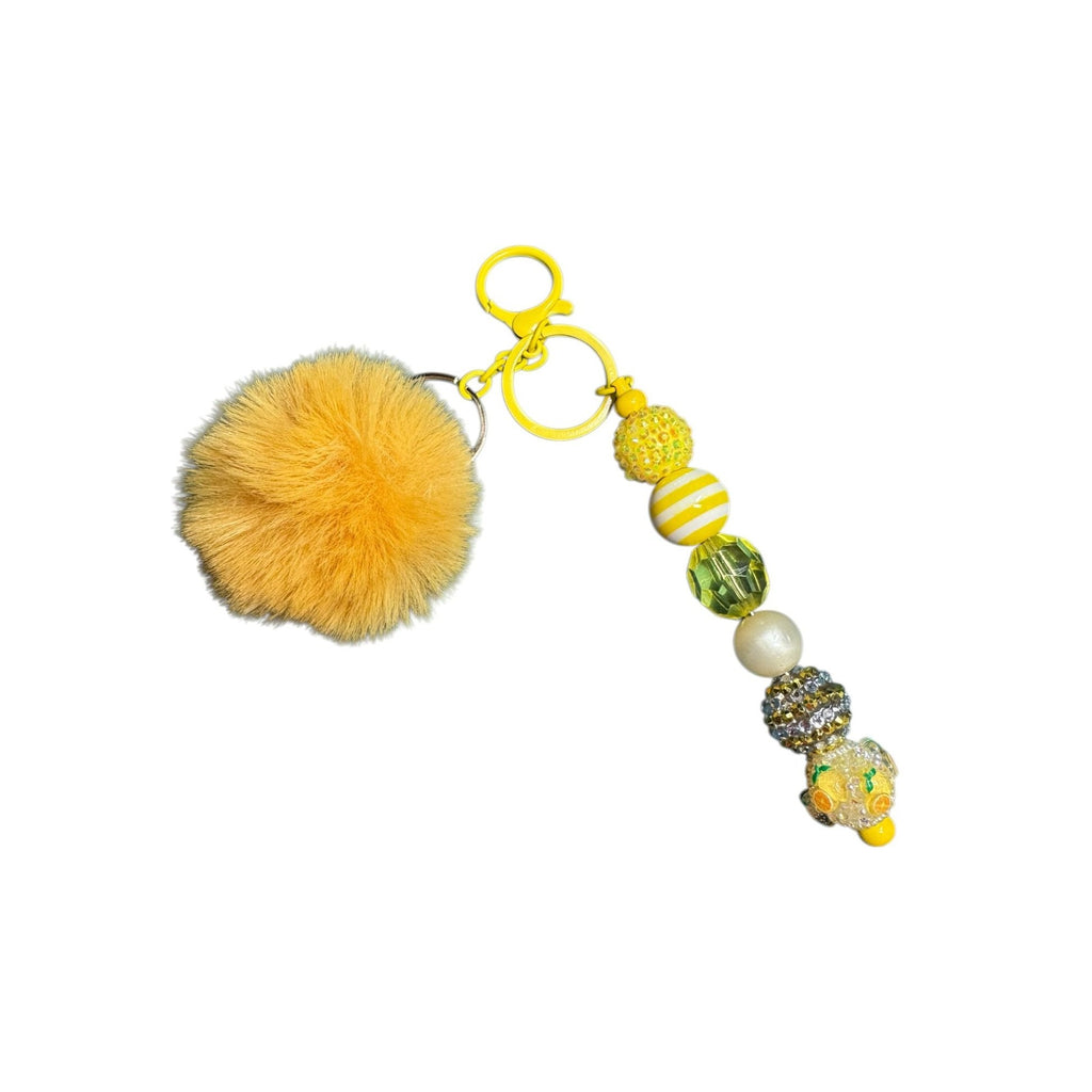Yellow Pom Pom Keychain With Beaded Charm Accent Stylish Bag Accessory Lightweight & Durable Design
