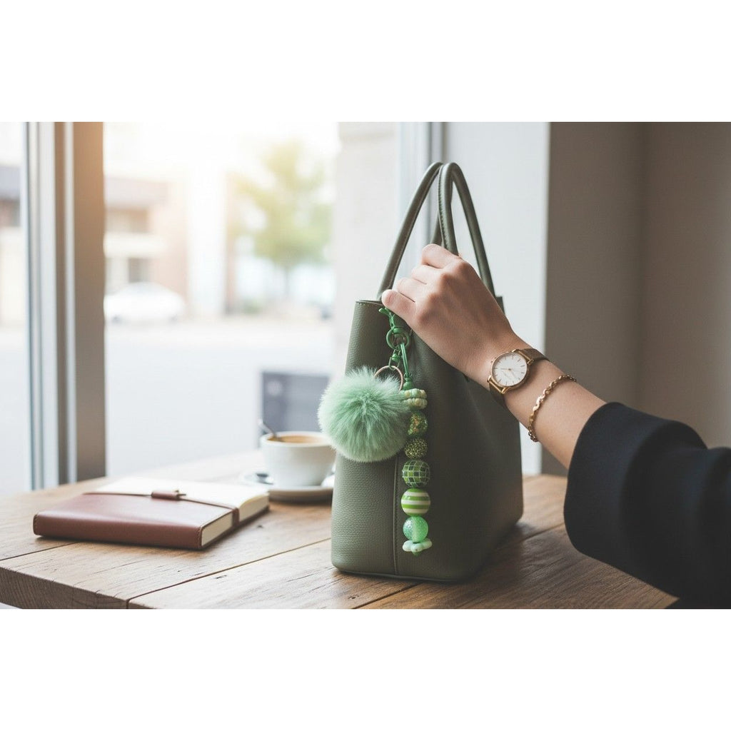Green Pom Pom Keychain With Beaded Design & Clip For Bags Or Keys