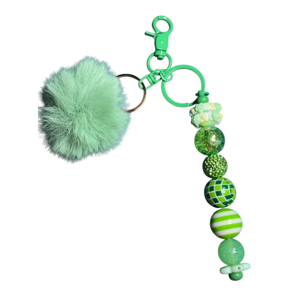 Green Pom Pom Keychain With Beaded Design & Clip For Bags Or Keys