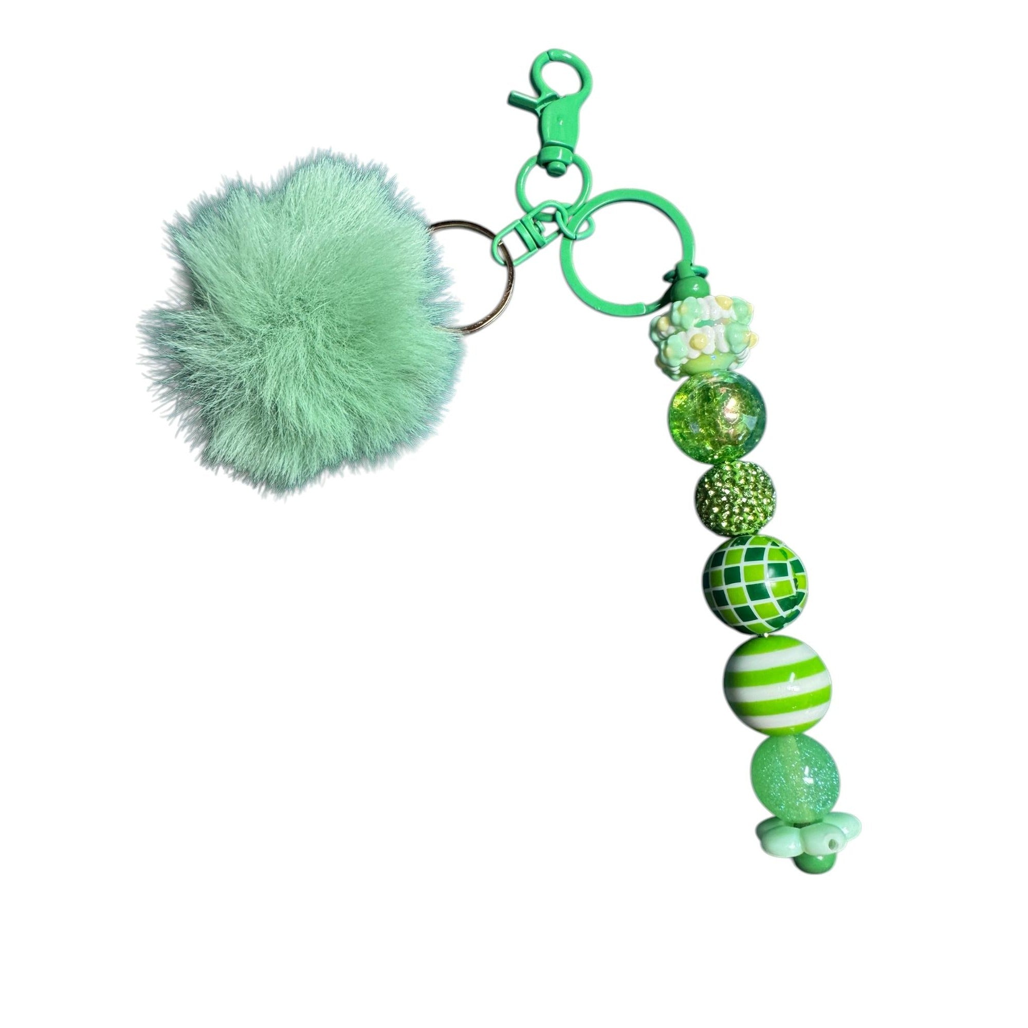 Green Pom Pom Keychain With Beaded Design & Clip For Bags Or Keys
