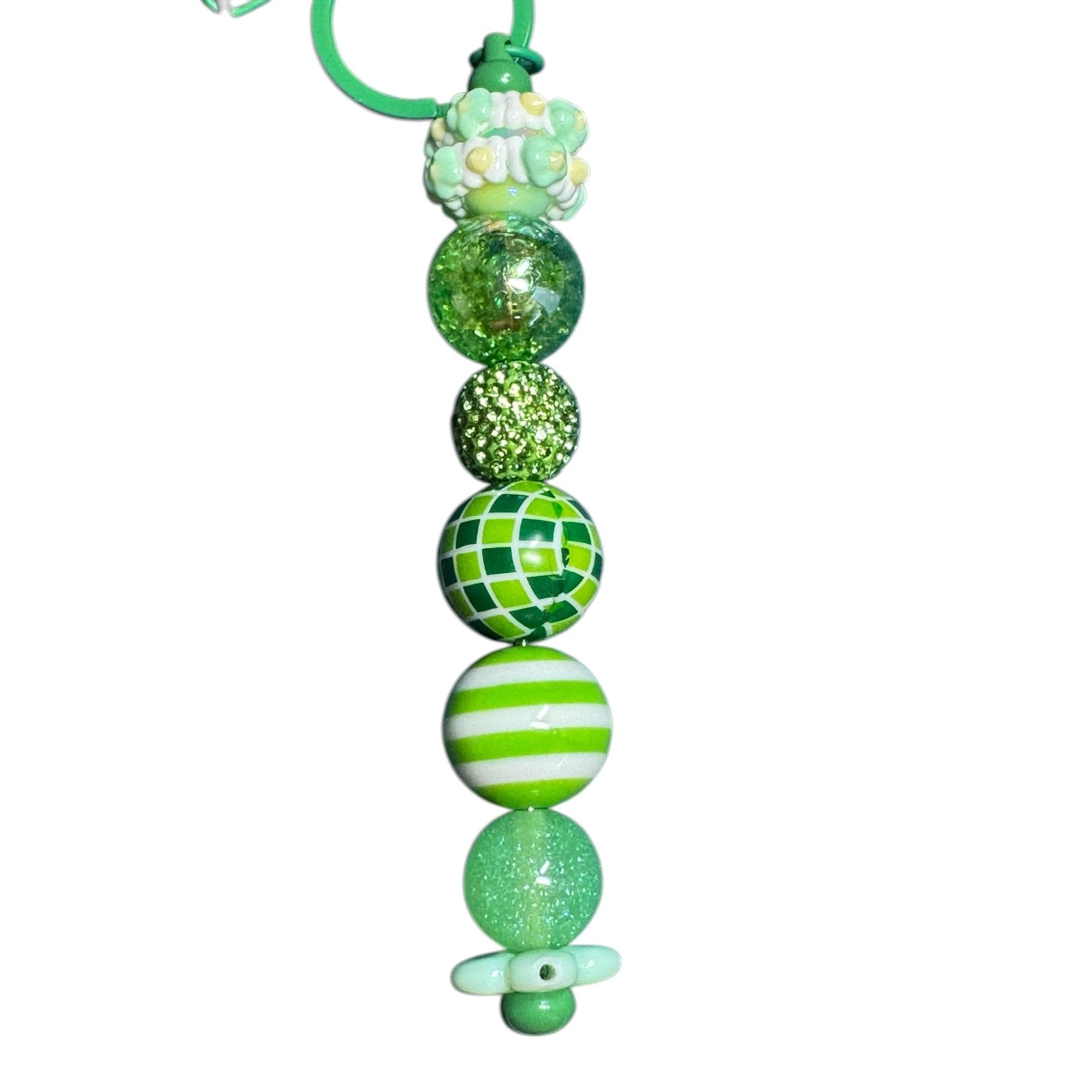 Green Pom Pom Keychain With Beaded Design & Clip For Bags Or Keys