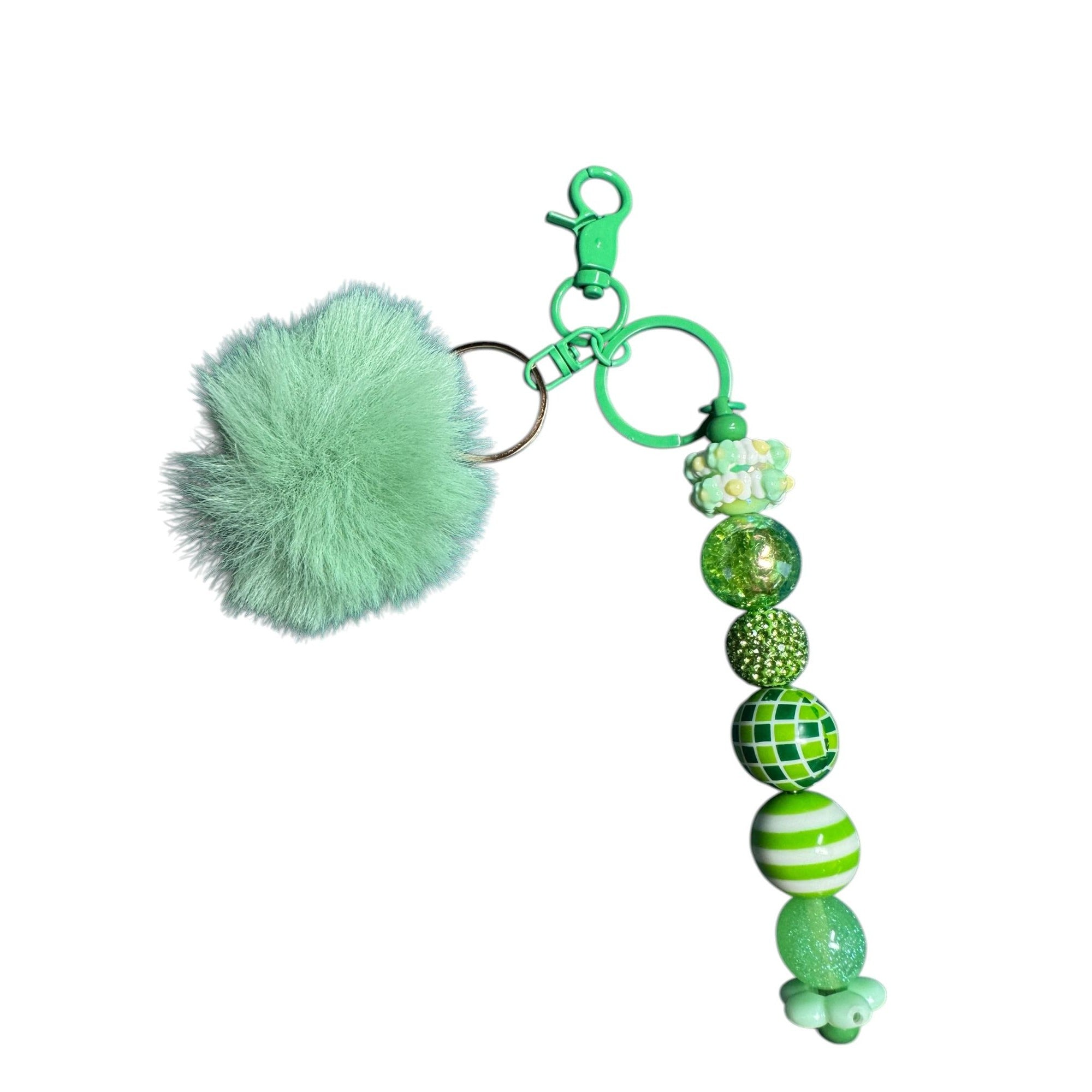 Green Pom Pom Keychain With Beaded Design & Clip For Bags Or Keys