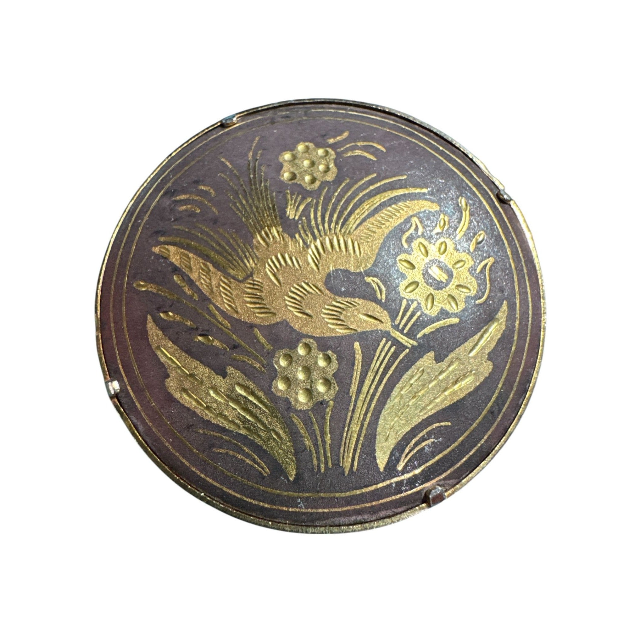 Vintage Japanese Style Gilded Bird & Floral Brooch, Round Metal Pin, Ornate Engraved Design