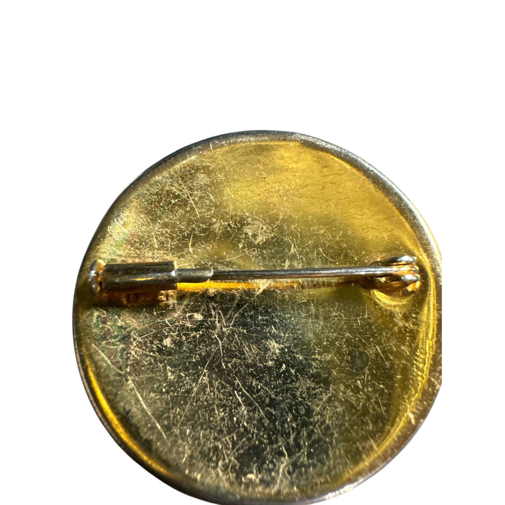 Vintage Japanese Style Gilded Bird & Floral Brooch, Round Metal Pin, Ornate Engraved Design