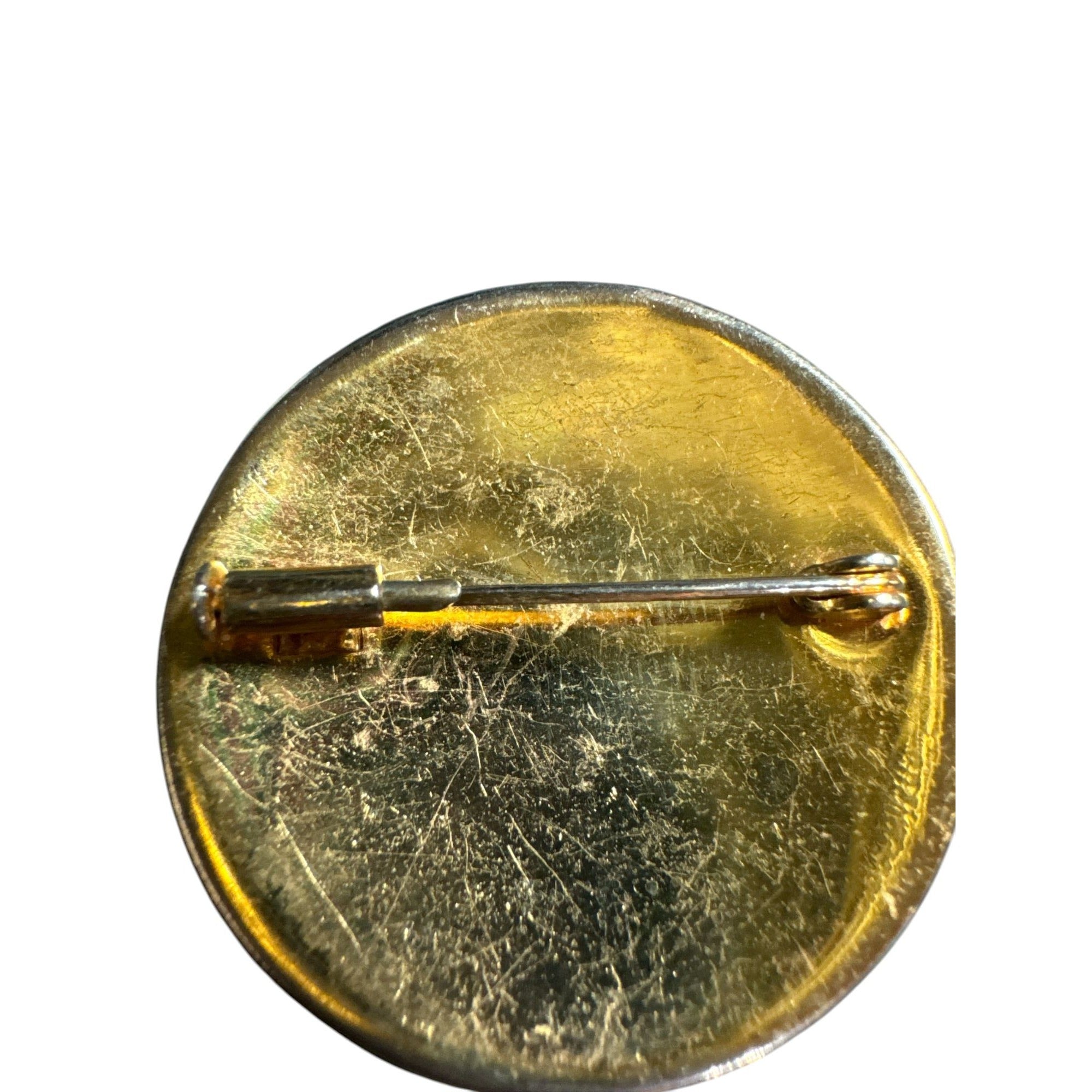 Vintage Japanese Style Gilded Bird & Floral Brooch, Round Metal Pin, Ornate Engraved Design