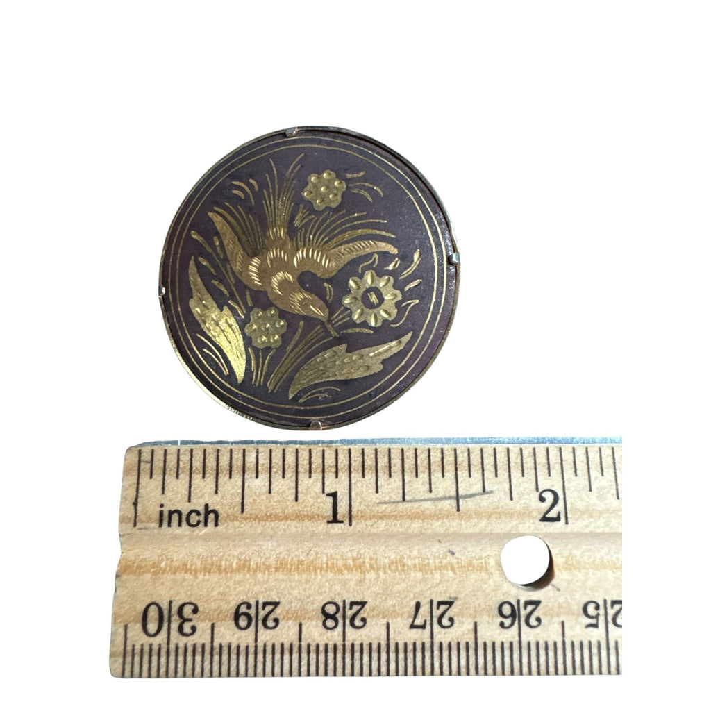 Vintage Japanese Style Gilded Bird & Floral Brooch, Round Metal Pin, Ornate Engraved Design