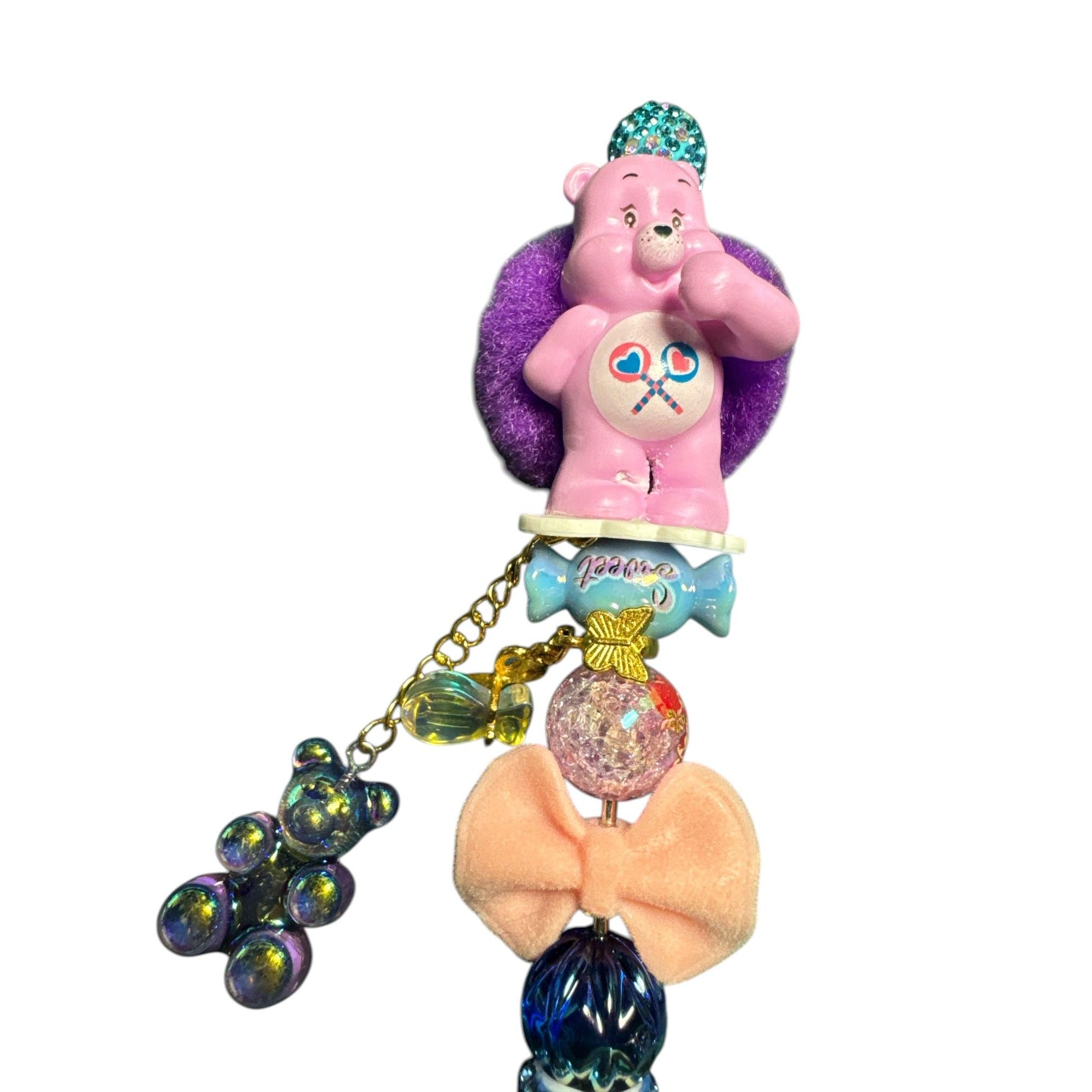 Care Bears-Themed Beaded Pen With Pink Bear Charm Purple Velvet Accents & Glittery Blue Grip