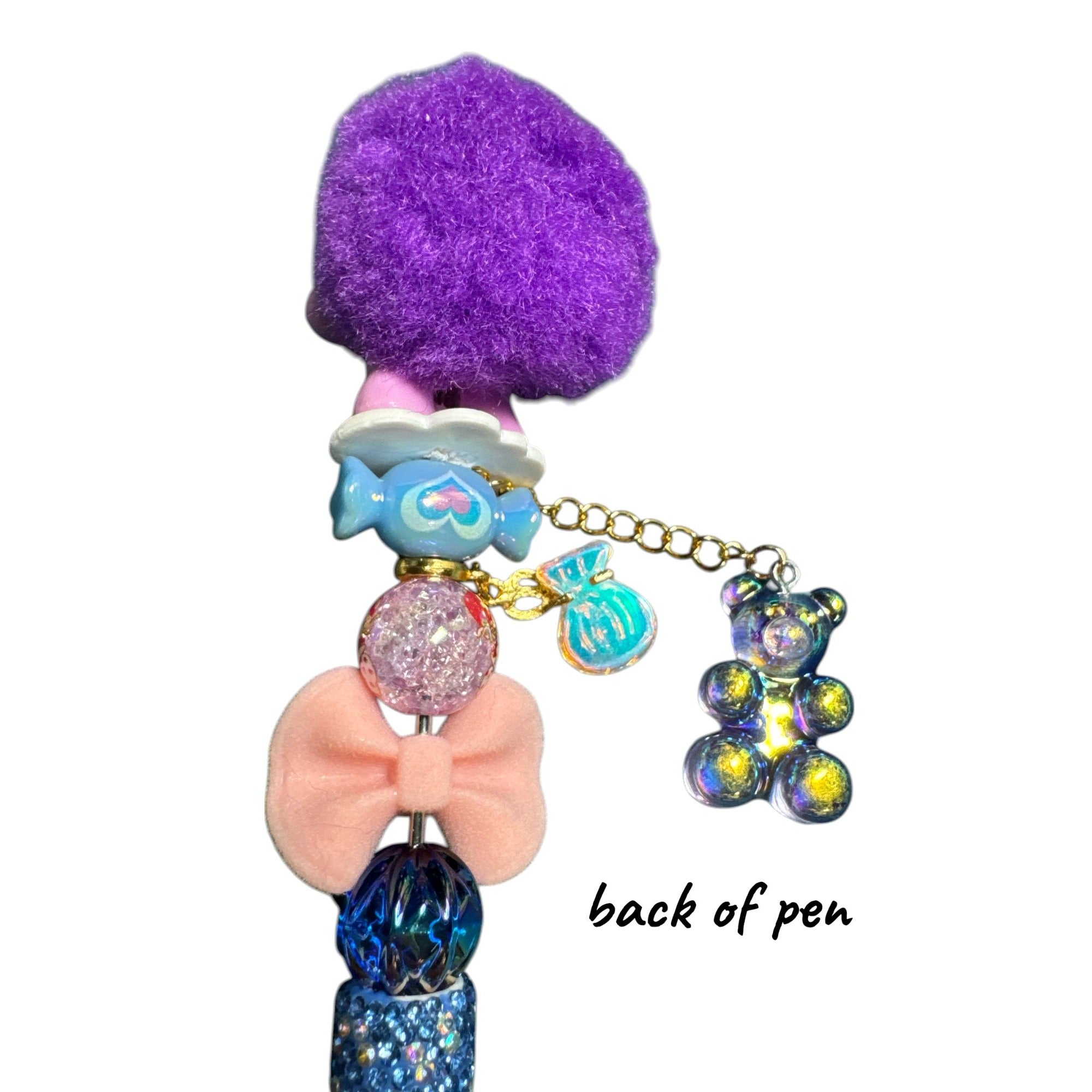 Care Bears-Themed Beaded Pen With Pink Bear Charm Purple Velvet Accents & Glittery Blue Grip