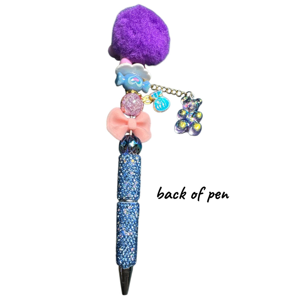 Care Bears-Themed Beaded Pen With Pink Bear Charm Purple Velvet Accents & Glittery Blue Grip