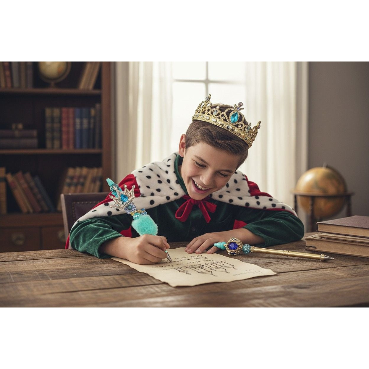Royal-Themed Blue Jeweled Crown Pen With Faux Fur & Decorative Accents Perfect For Writing & Roleplay