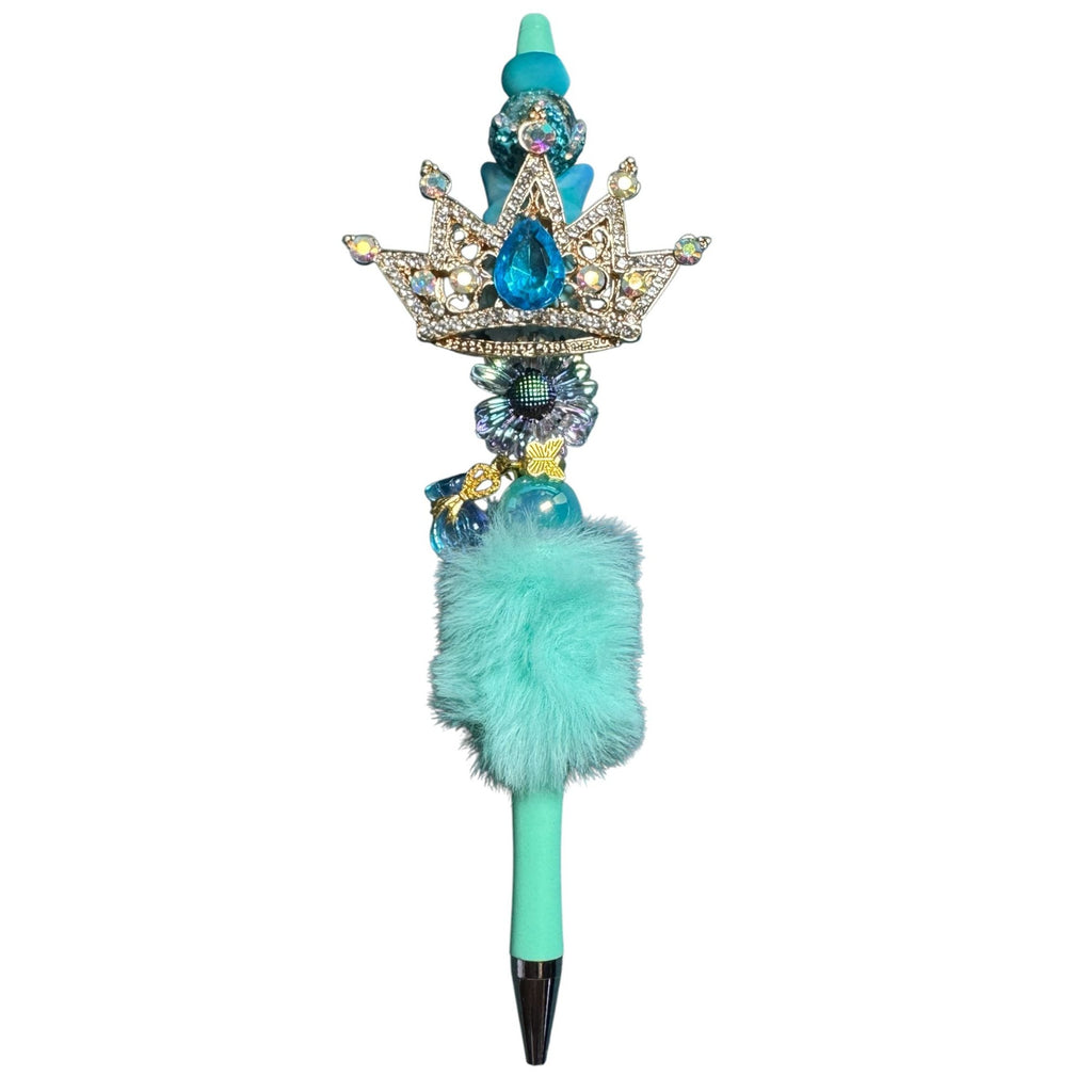 Royal-Themed Blue Jeweled Crown Pen With Faux Fur & Decorative Accents Perfect For Writing & Roleplay