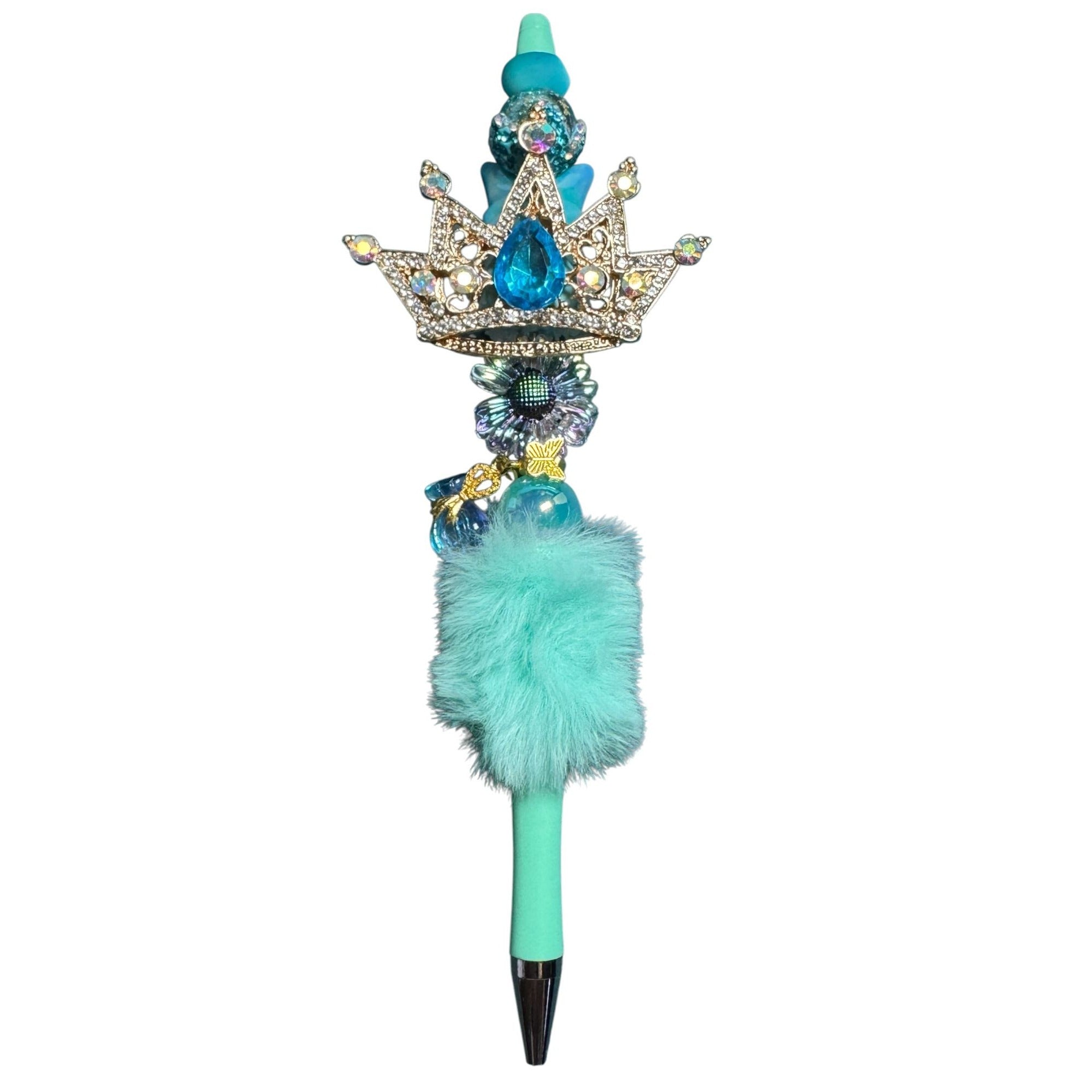 Royal-Themed Blue Jeweled Crown Pen With Faux Fur & Decorative Accents Perfect For Writing & Roleplay
