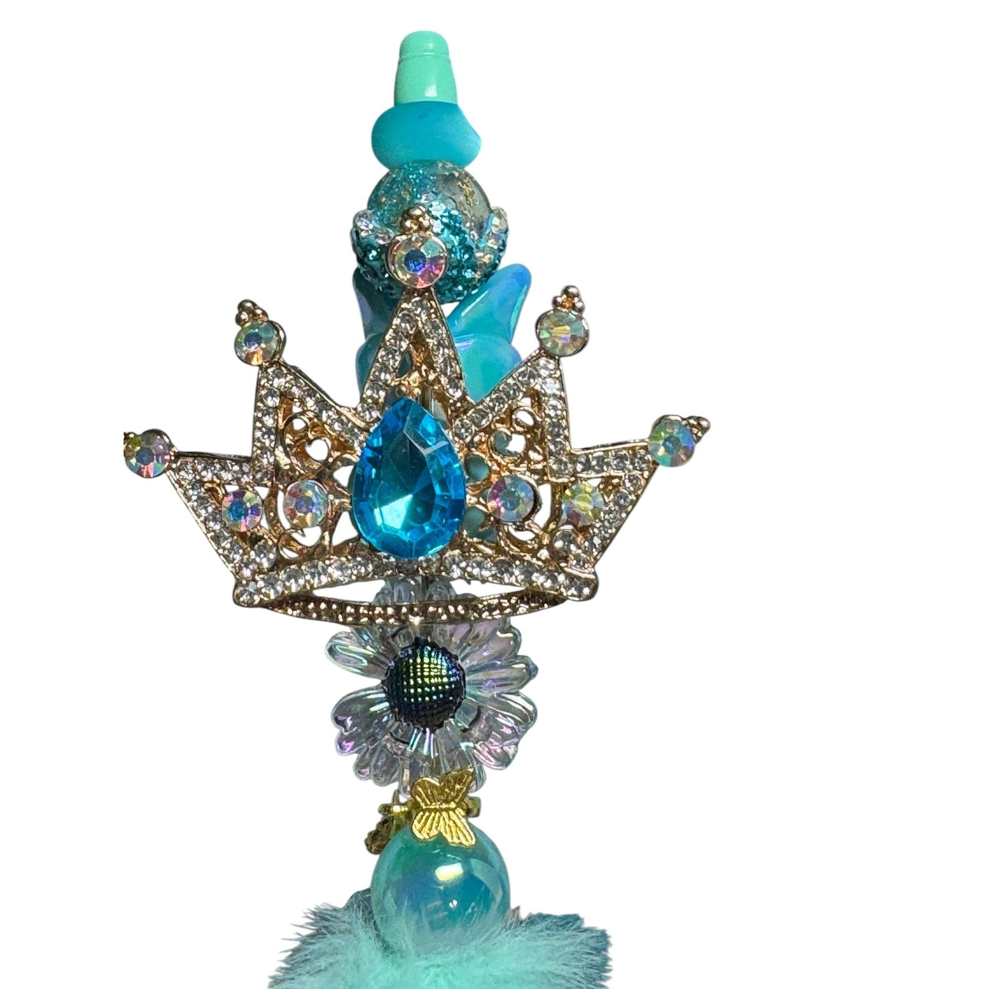 Royal-Themed Blue Jeweled Crown Pen With Faux Fur & Decorative Accents Perfect For Writing & Roleplay