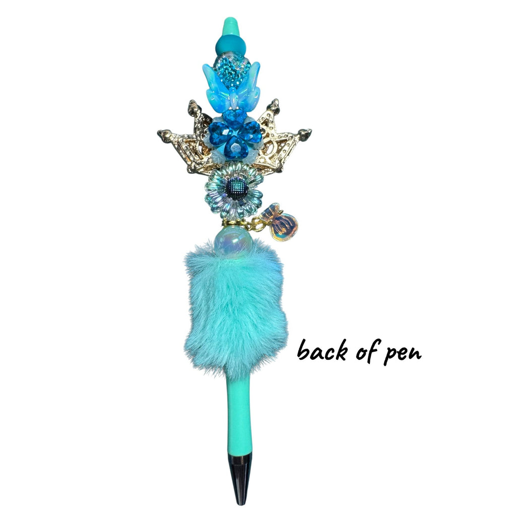 Royal-Themed Blue Jeweled Crown Pen With Faux Fur & Decorative Accents Perfect For Writing & Roleplay