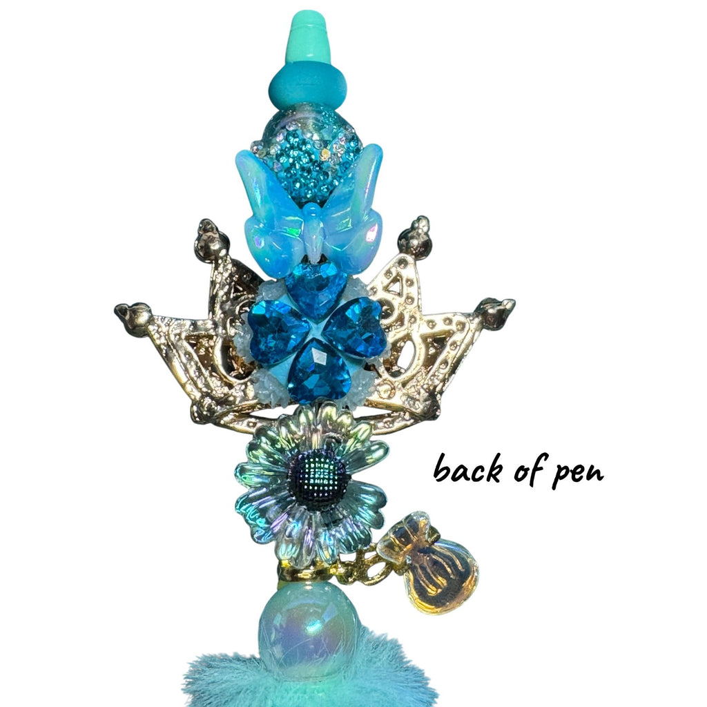 Royal-Themed Blue Jeweled Crown Pen With Faux Fur & Decorative Accents Perfect For Writing & Roleplay
