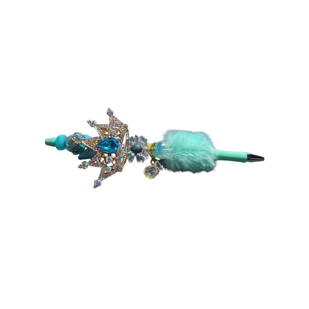 Royal-Themed Blue Jeweled Crown Pen With Faux Fur & Decorative Accents Perfect For Writing & Roleplay