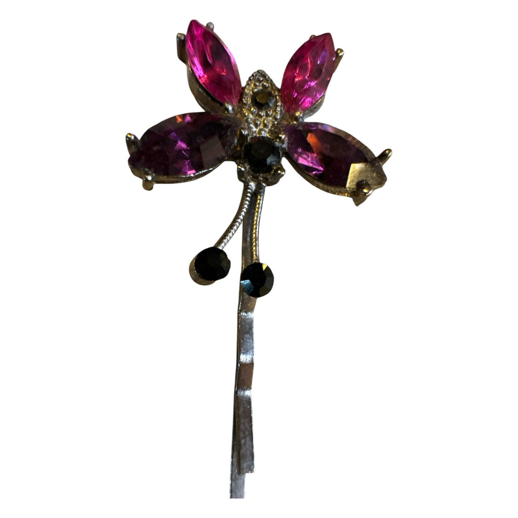 Vintage-Inspired Floral Hair Clip With Pink & Purple Rhinestones Black Accents And Gold-Tone Metal Stem Design