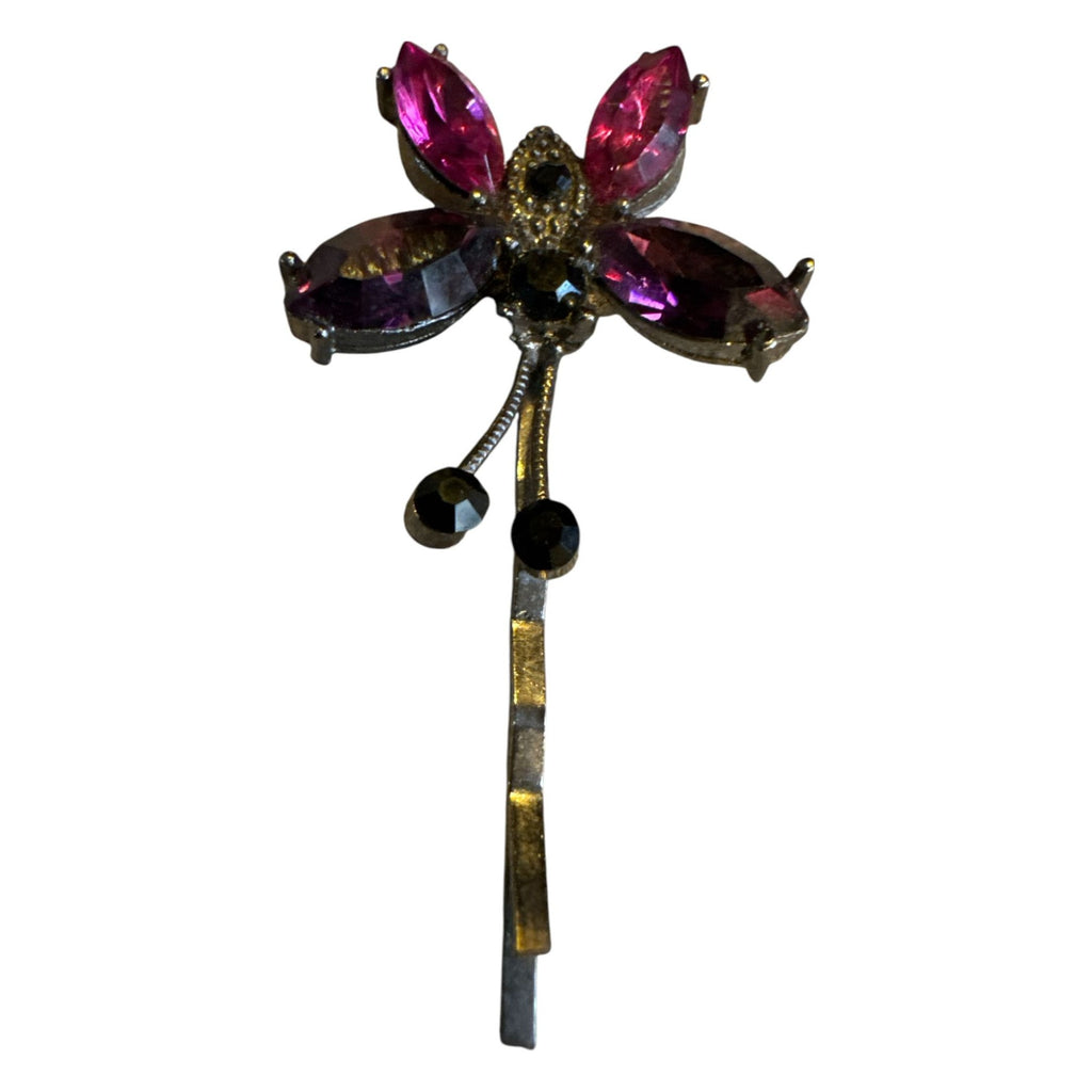 Vintage-Inspired Floral Hair Clip With Pink & Purple Rhinestones Black Accents And Gold-Tone Metal Stem Design