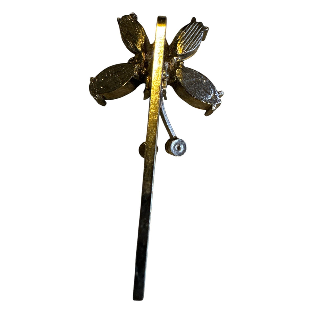 Vintage-Inspired Floral Hair Clip With Pink & Purple Rhinestones Black Accents And Gold-Tone Metal Stem Design
