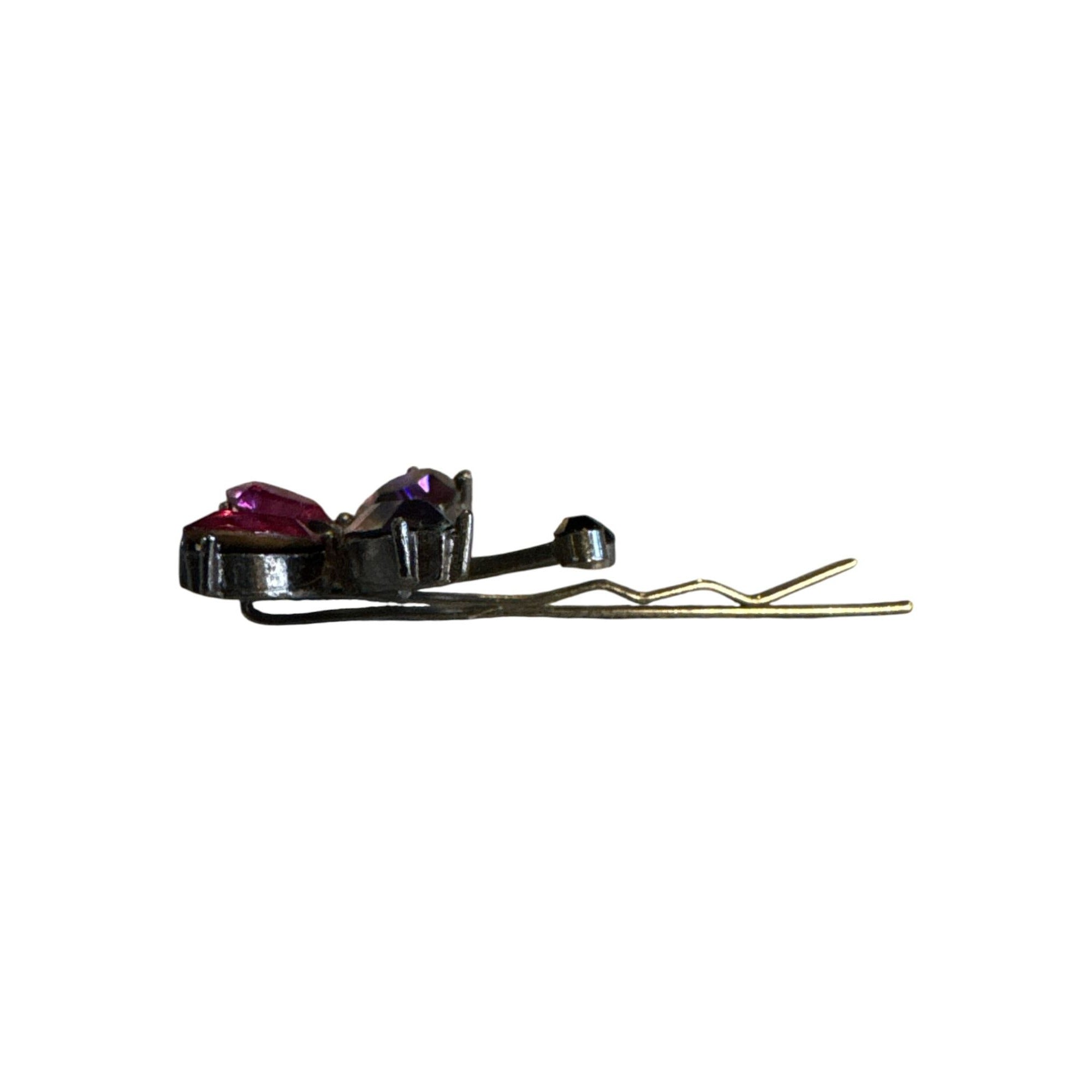 Vintage-Inspired Floral Hair Clip With Pink & Purple Rhinestones Black Accents And Gold-Tone Metal Stem Design