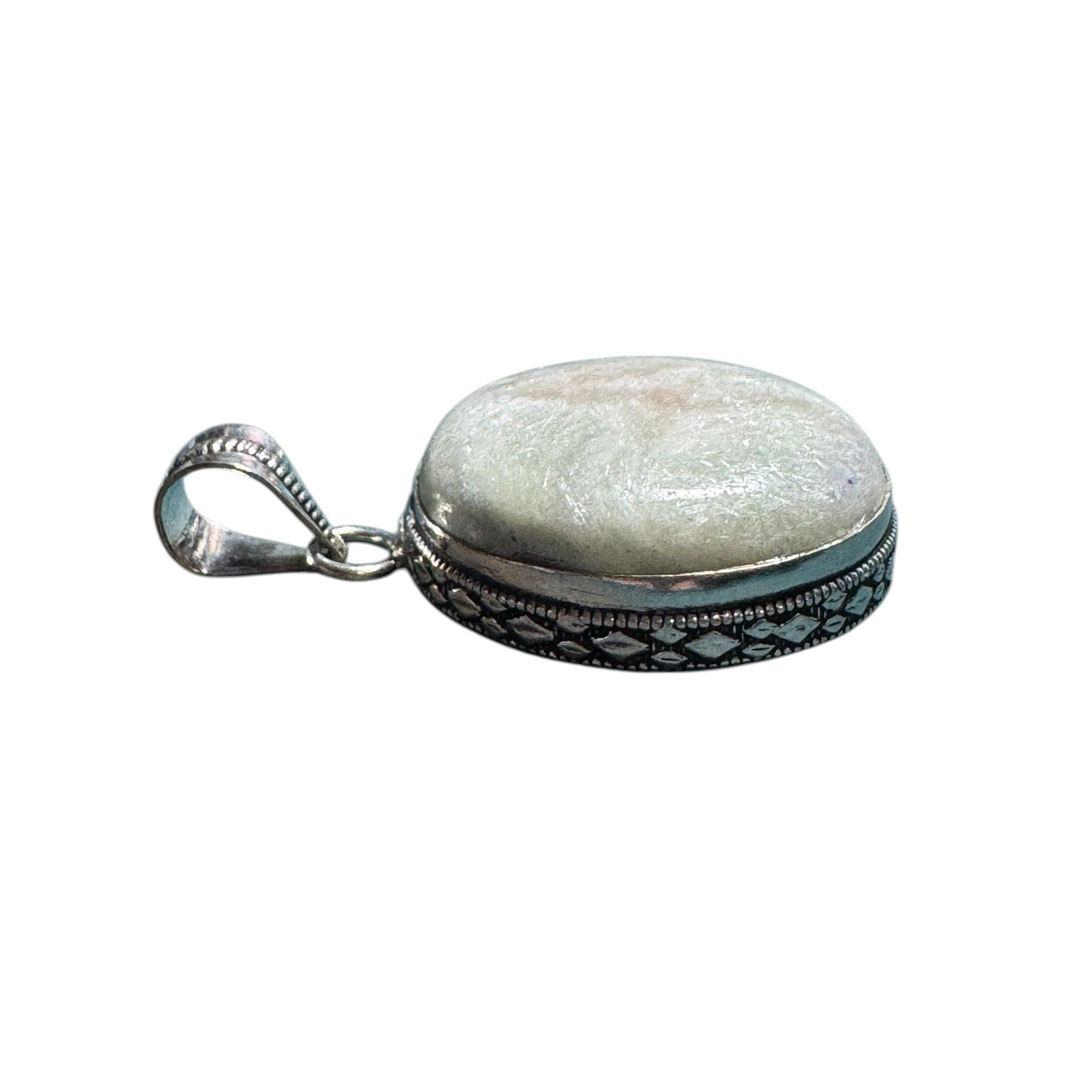 Sterling Silver 925 Round Pendant Mother of Pearl Shell White Iridescent Vintage Style Jewelry