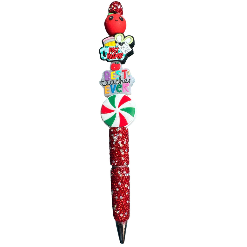 Best Teacher Ever Red Glitter Pen With Fun Apple & Peppermint Designs