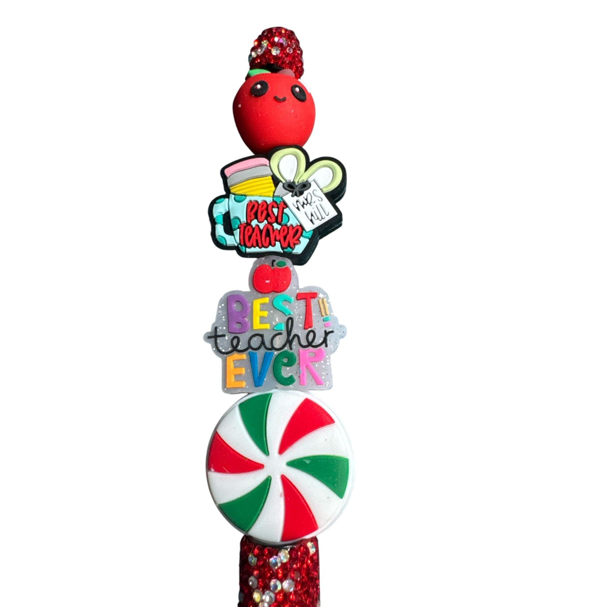 Best Teacher Ever Red Glitter Pen With Fun Apple & Peppermint Designs