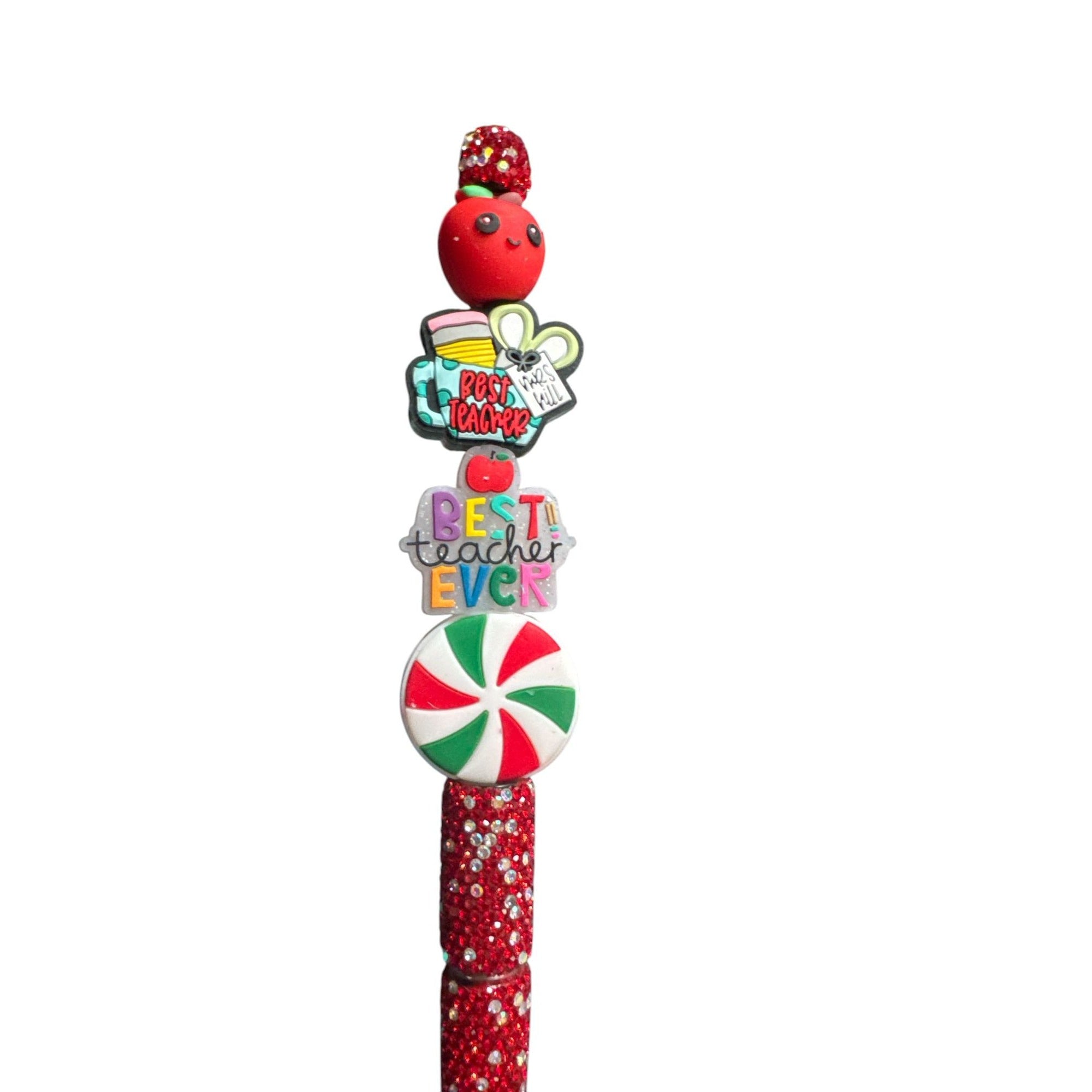 Best Teacher Ever Red Glitter Pen With Fun Apple & Peppermint Designs