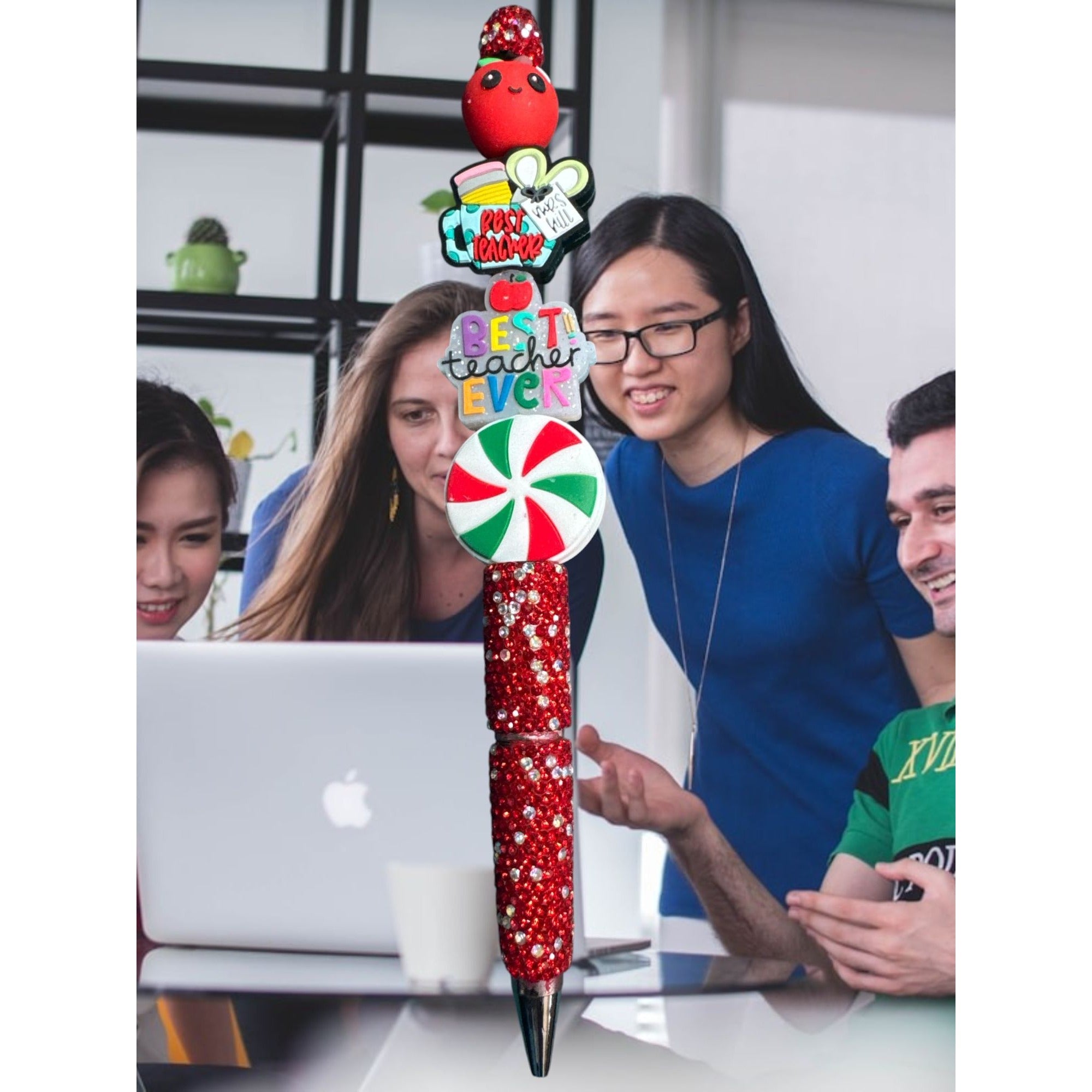 Best Teacher Ever Red Glitter Pen With Fun Apple & Peppermint Designs