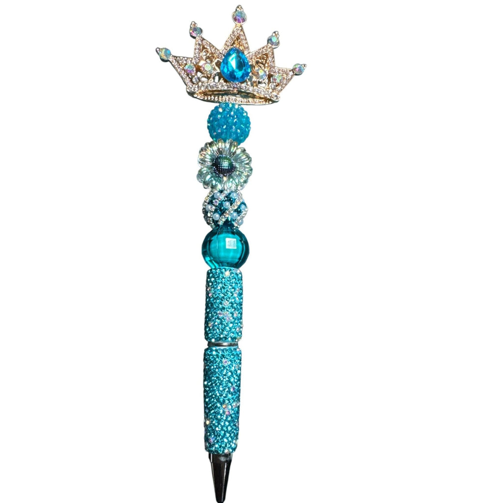 Crown-Themed Blue Jeweled Decorative Pen With Beaded Handle & Rhinestone Accents For Writing Or Gifting