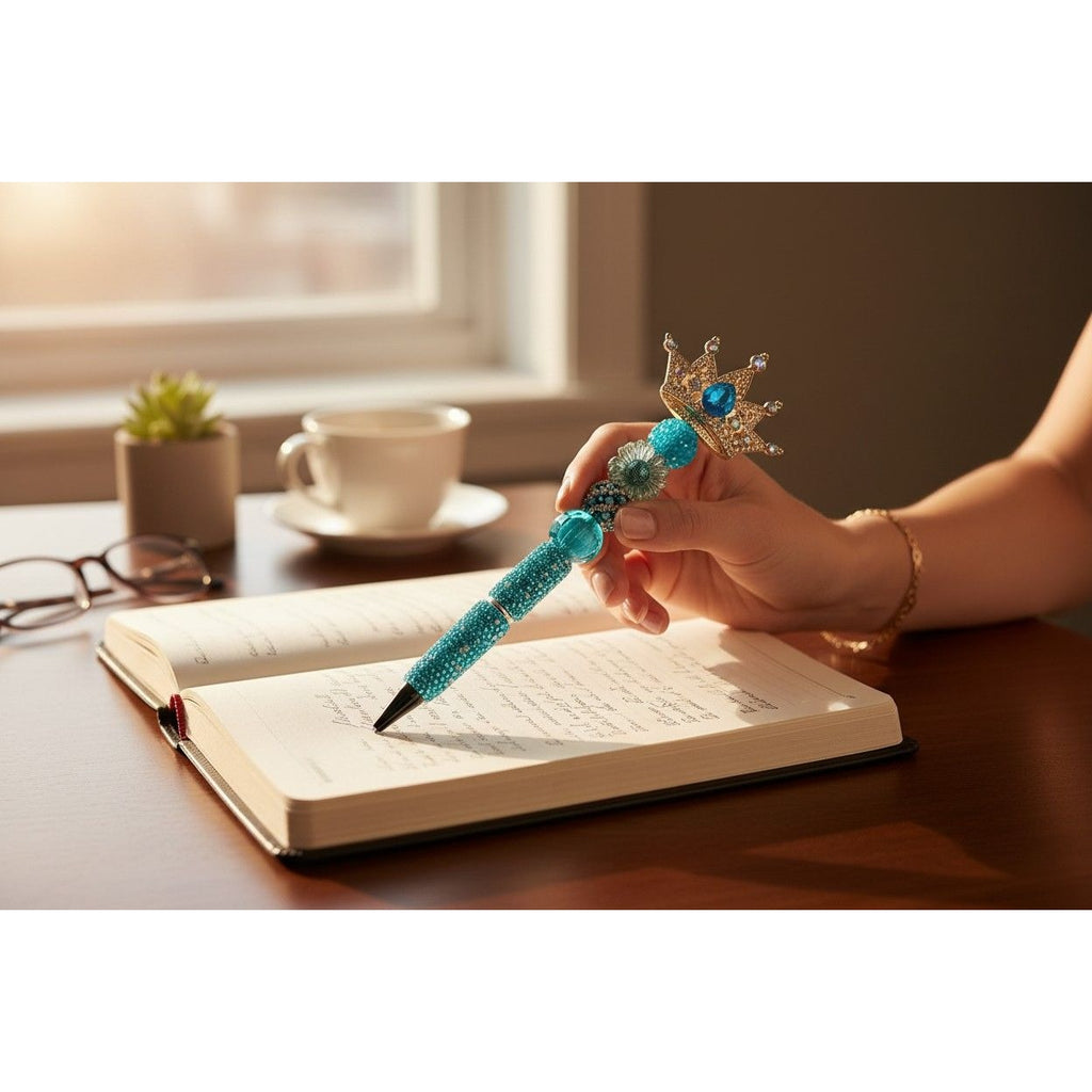 Crown-Themed Blue Jeweled Decorative Pen With Beaded Handle & Rhinestone Accents For Writing Or Gifting