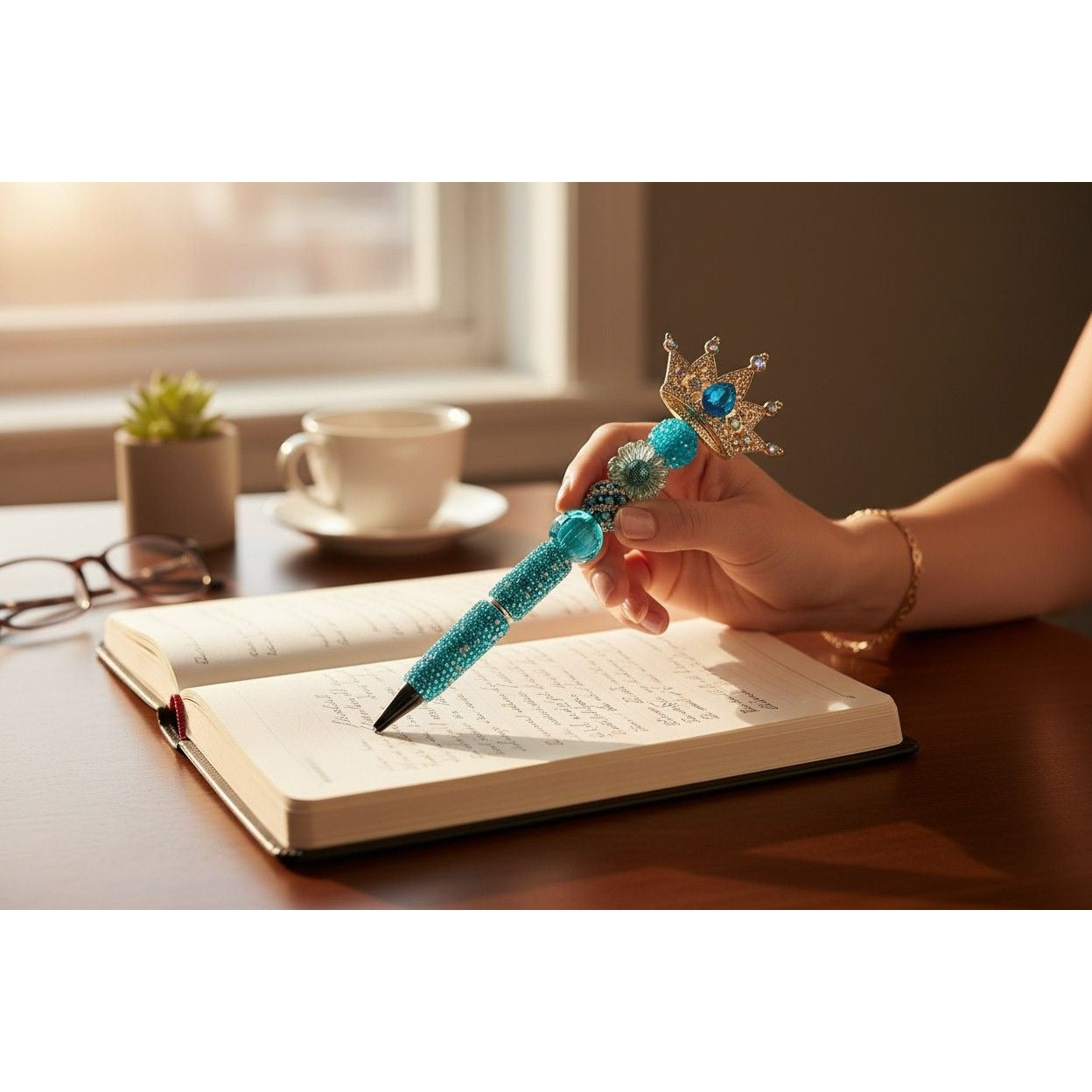 Crown-Themed Blue Jeweled Decorative Pen With Beaded Handle & Rhinestone Accents For Writing Or Gifting