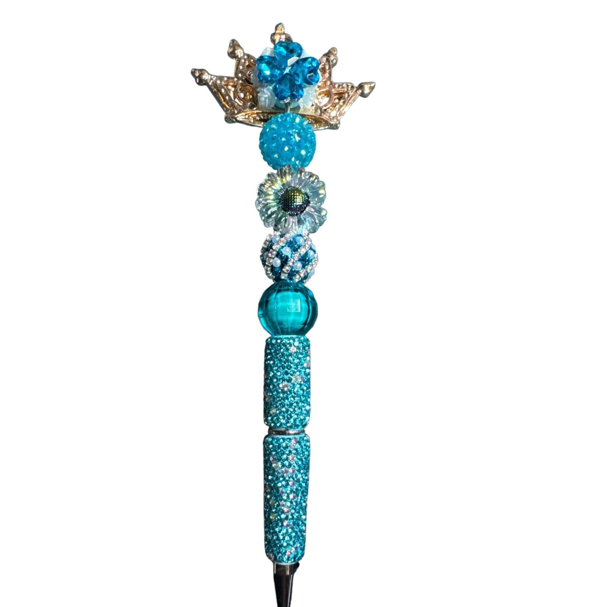 Crown-Themed Blue Jeweled Decorative Pen With Beaded Handle & Rhinestone Accents For Writing Or Gifting