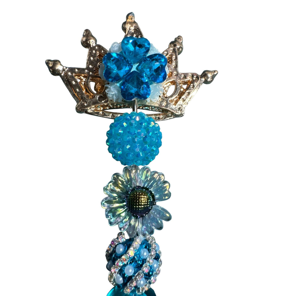Crown-Themed Blue Jeweled Decorative Pen With Beaded Handle & Rhinestone Accents For Writing Or Gifting