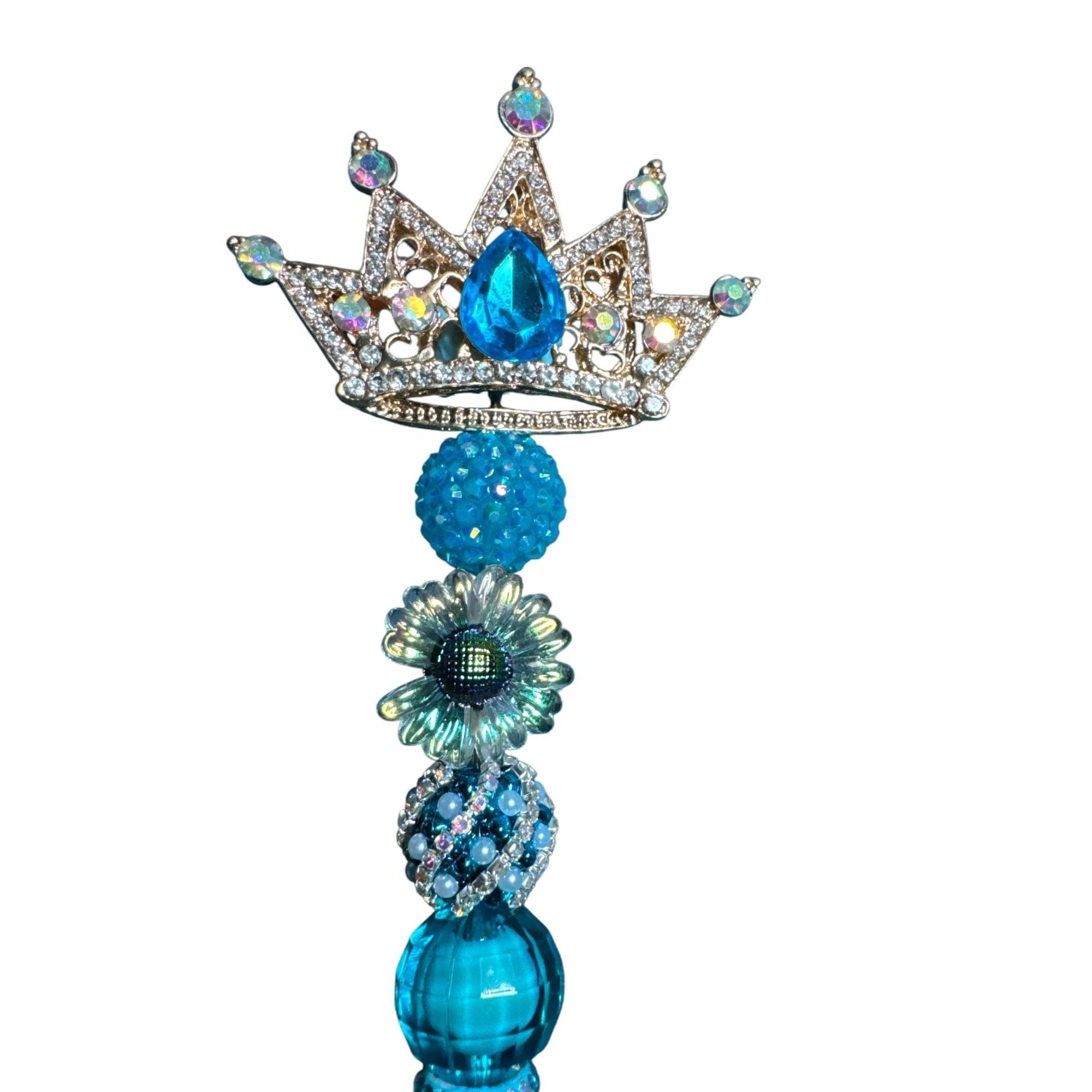 Crown-Themed Blue Jeweled Decorative Pen With Beaded Handle & Rhinestone Accents For Writing Or Gifting