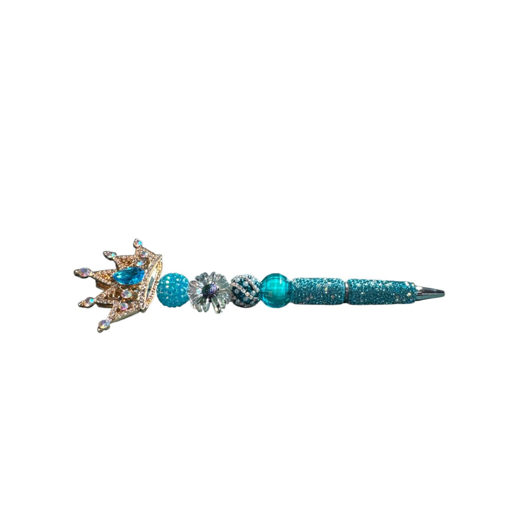 Crown-Themed Blue Jeweled Decorative Pen With Beaded Handle & Rhinestone Accents For Writing Or Gifting