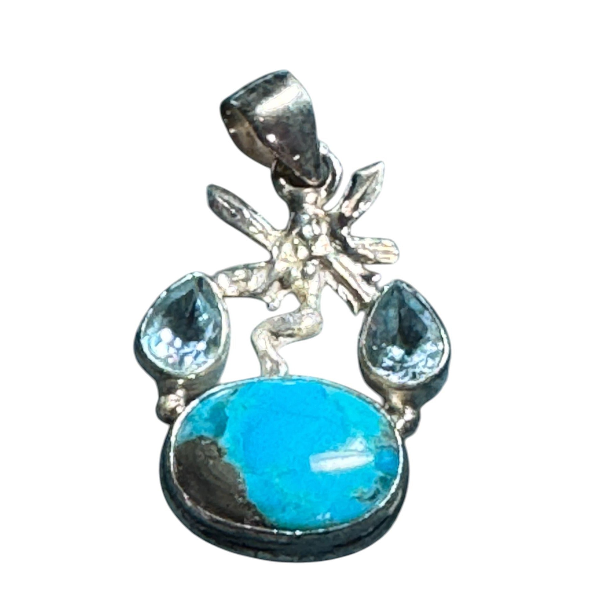 Sterling Silver Fairy Pendant with Turquoise Gemstone & Blue Sapphire Accent