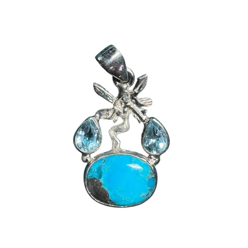 Sterling Silver Fairy Pendant with Turquoise Gemstone & Blue Sapphire Accent