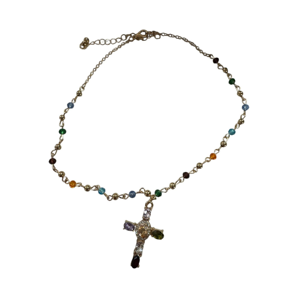 Gold Tone Multicolor Beaded Chain Necklace with Gemstone Cross Pendant, Religious Jewelry, Boho Faith Style