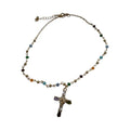 Gold Tone Multicolor Beaded Chain Necklace with Gemstone Cross Pendant, Religious Jewelry, Boho Faith Style