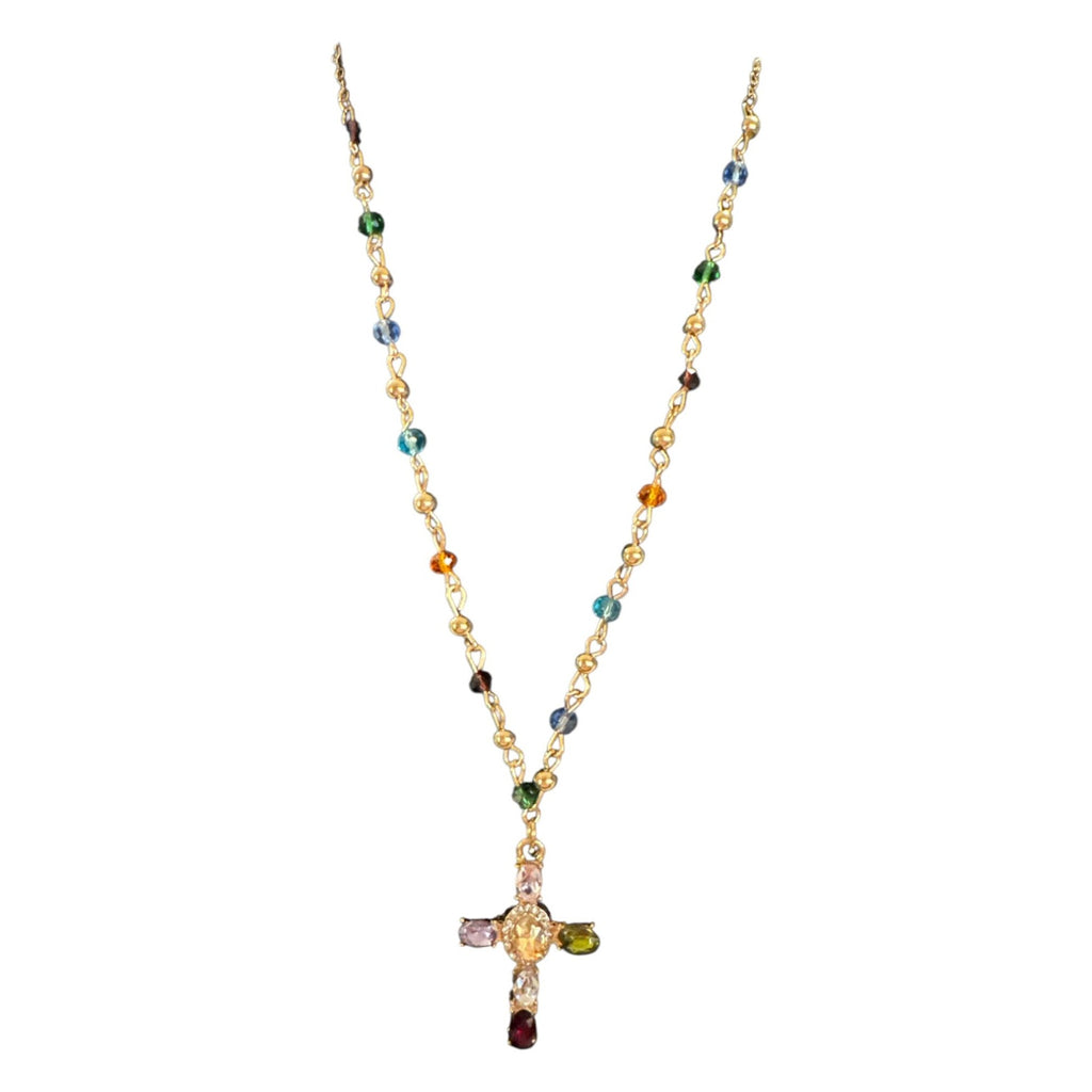 Gold Tone Multicolor Beaded Chain Necklace with Gemstone Cross Pendant, Religious Jewelry, Boho Faith Style