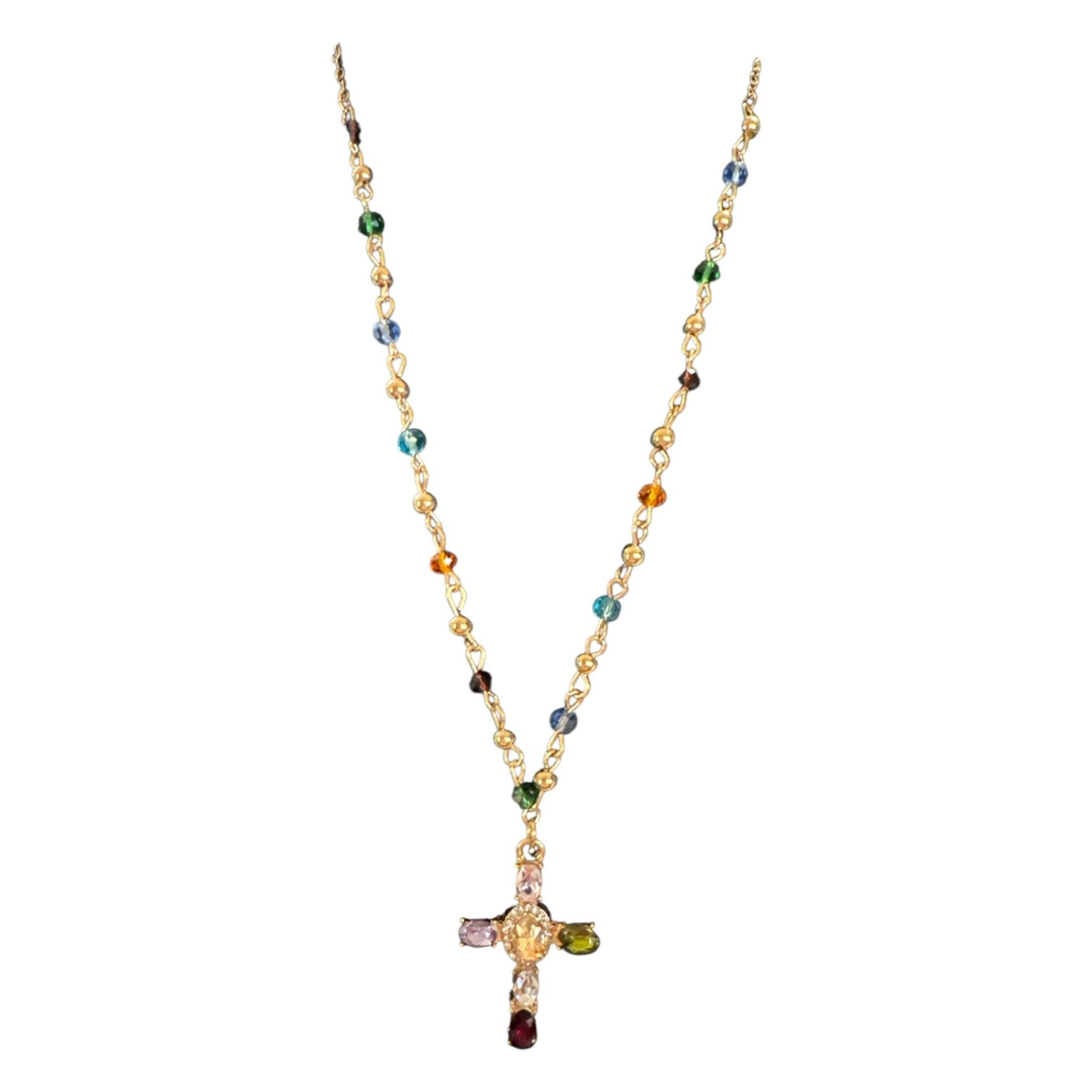 Gold Tone Multicolor Beaded Chain Necklace with Gemstone Cross Pendant, Religious Jewelry, Boho Faith Style
