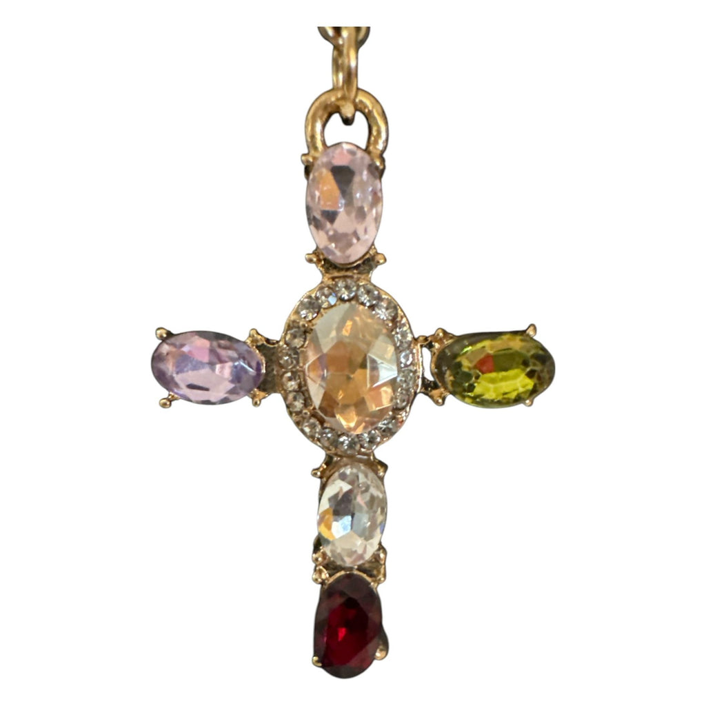 Gold Tone Multicolor Beaded Chain Necklace with Gemstone Cross Pendant, Religious Jewelry, Boho Faith Style