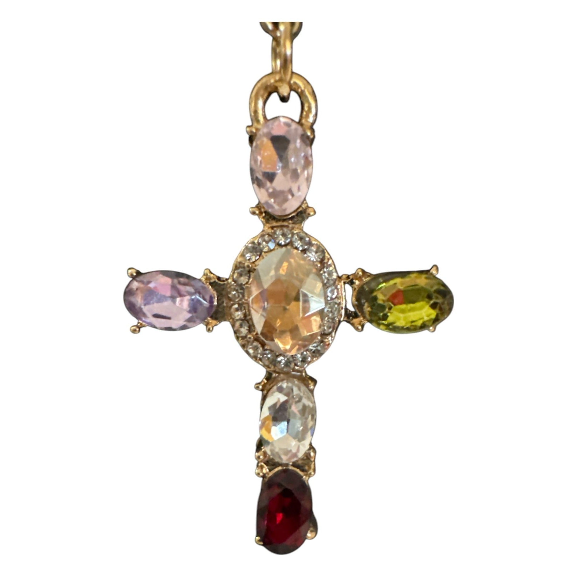 Gold Tone Multicolor Beaded Chain Necklace with Gemstone Cross Pendant, Religious Jewelry, Boho Faith Style