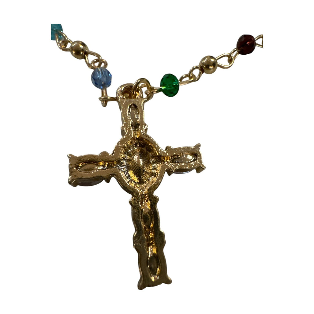 Gold Tone Multicolor Beaded Chain Necklace with Gemstone Cross Pendant, Religious Jewelry, Boho Faith Style