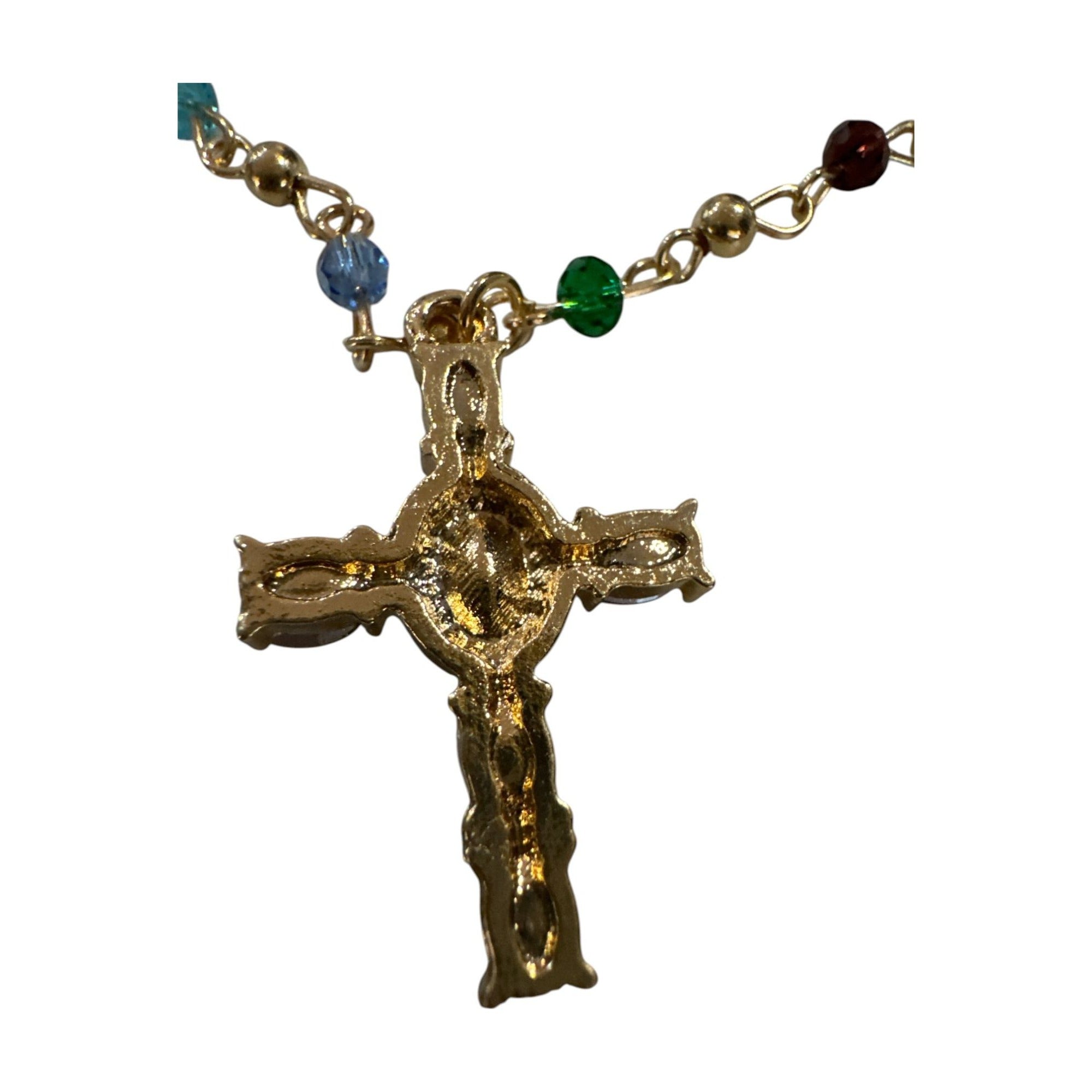 Gold Tone Multicolor Beaded Chain Necklace with Gemstone Cross Pendant, Religious Jewelry, Boho Faith Style