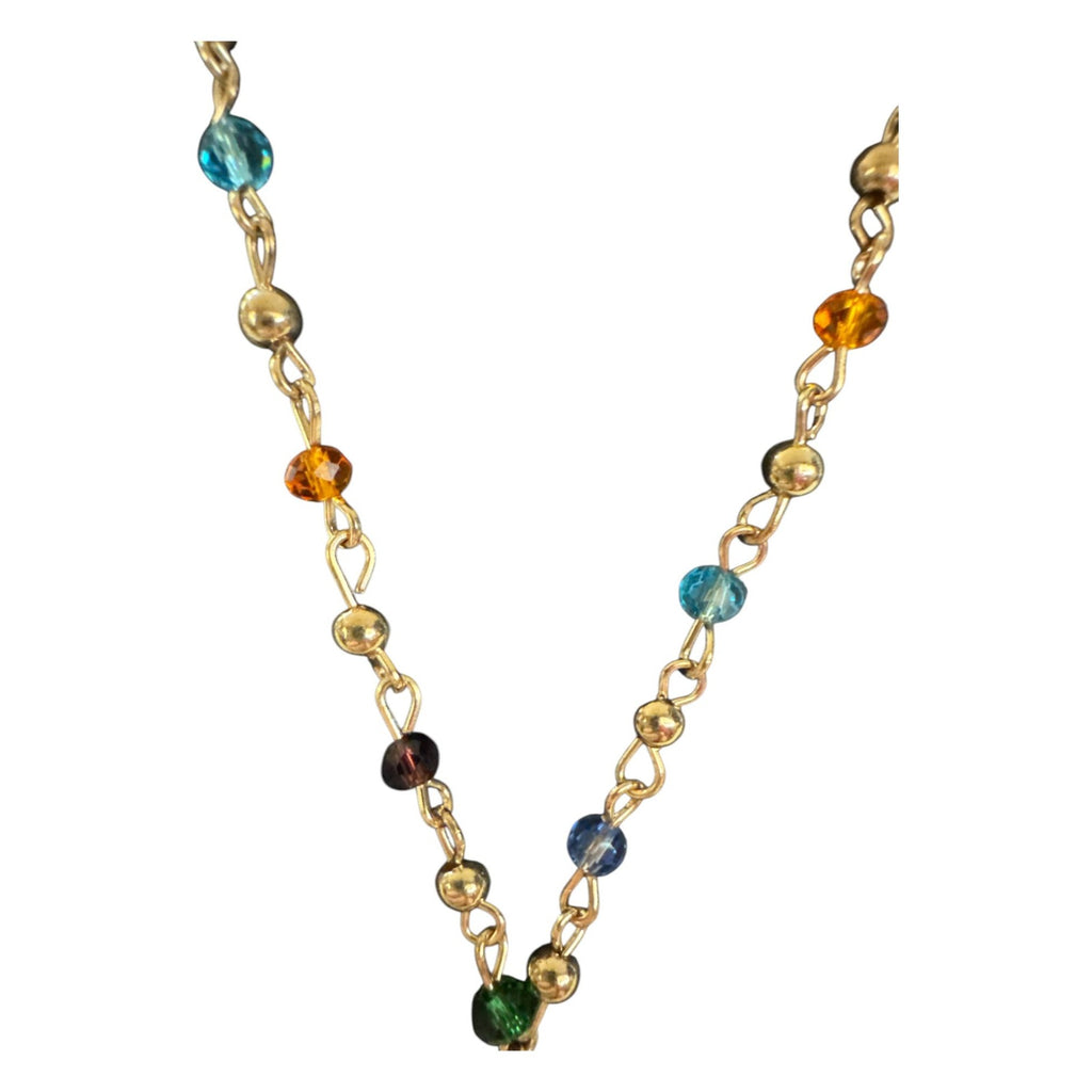 Gold Tone Multicolor Beaded Chain Necklace with Gemstone Cross Pendant, Religious Jewelry, Boho Faith Style