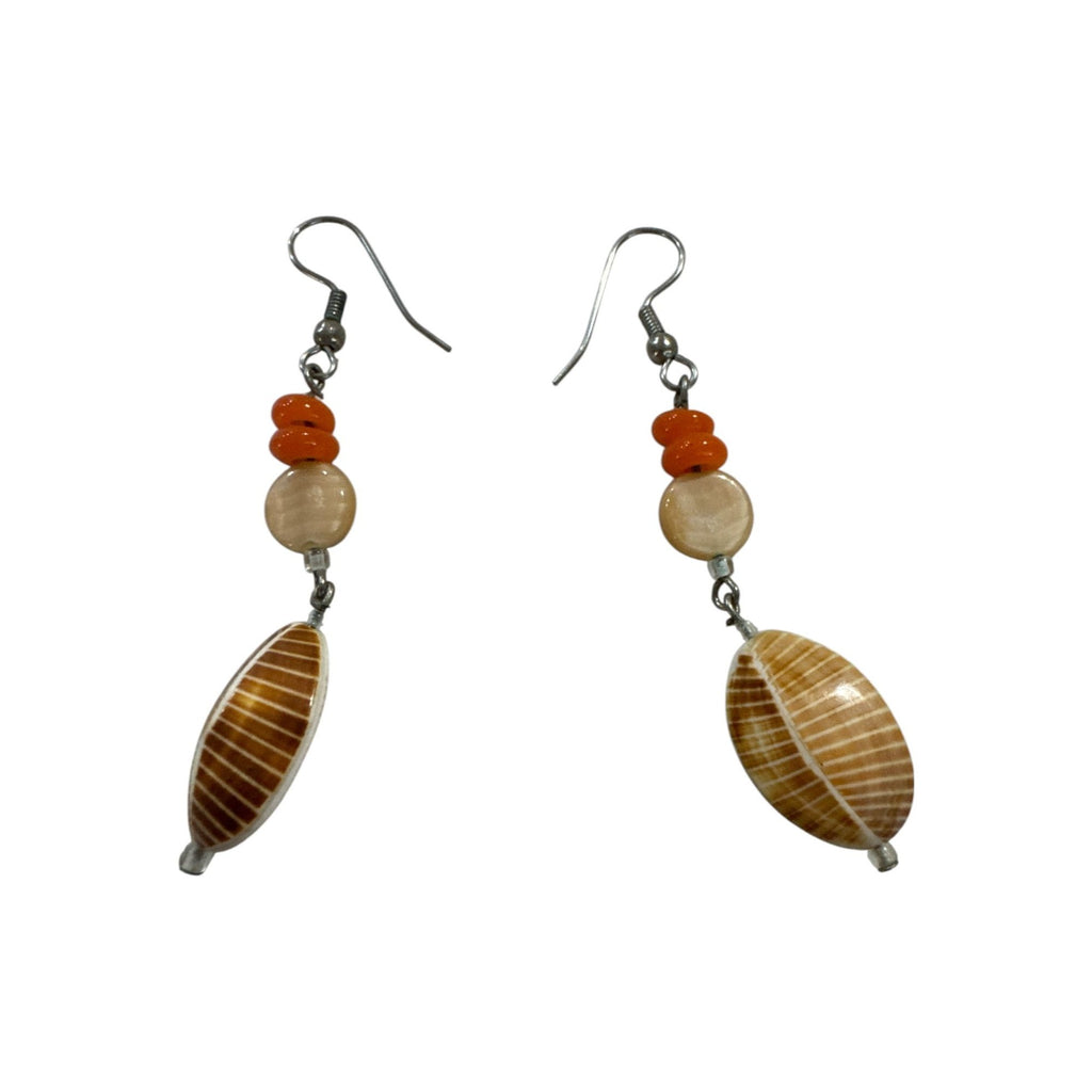Boho Shell Dangle Earrings, Orange Beaded Drop Earrings, Beachy Summer Jewelry Handmade