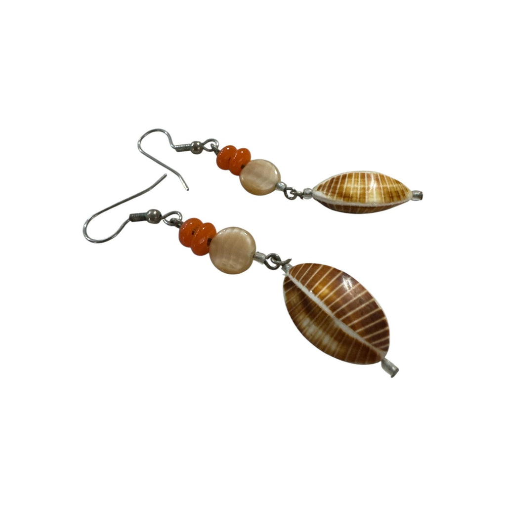 Boho Shell Dangle Earrings, Orange Beaded Drop Earrings, Beachy Summer Jewelry Handmade