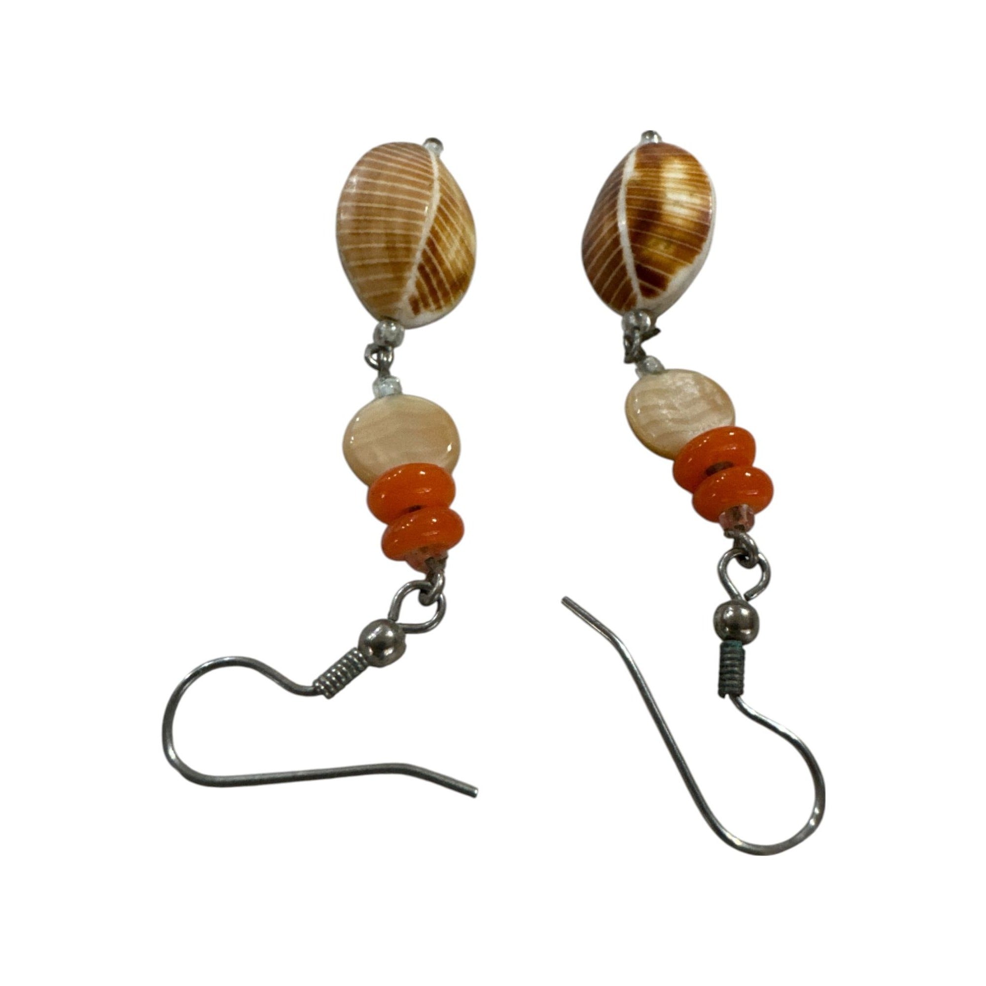 Boho Shell Dangle Earrings, Orange Beaded Drop Earrings, Beachy Summer Jewelry Handmade